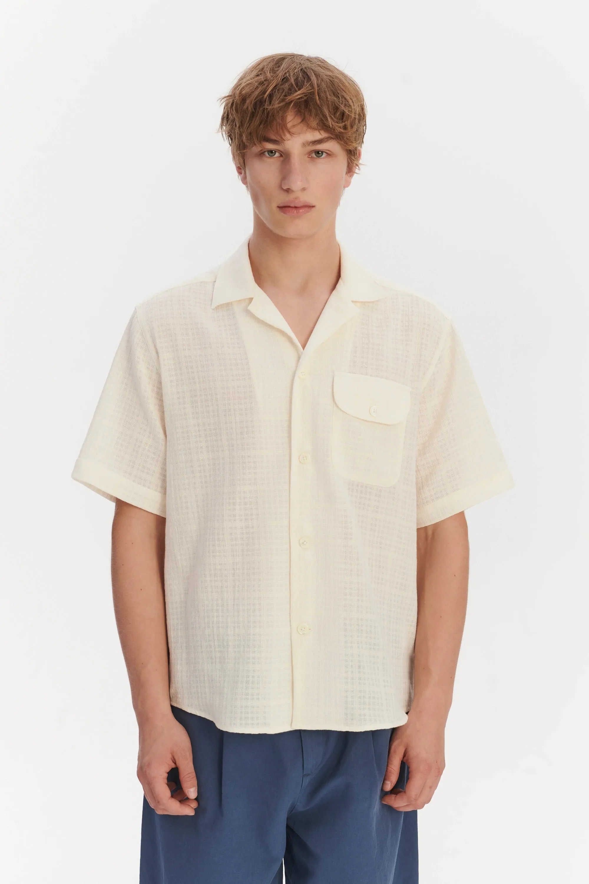 Short Sleeve Camp Collar Shirt in a Cream White Airy Structural Portuguese Cotton sold by Delikatessen product image thumbnail 3