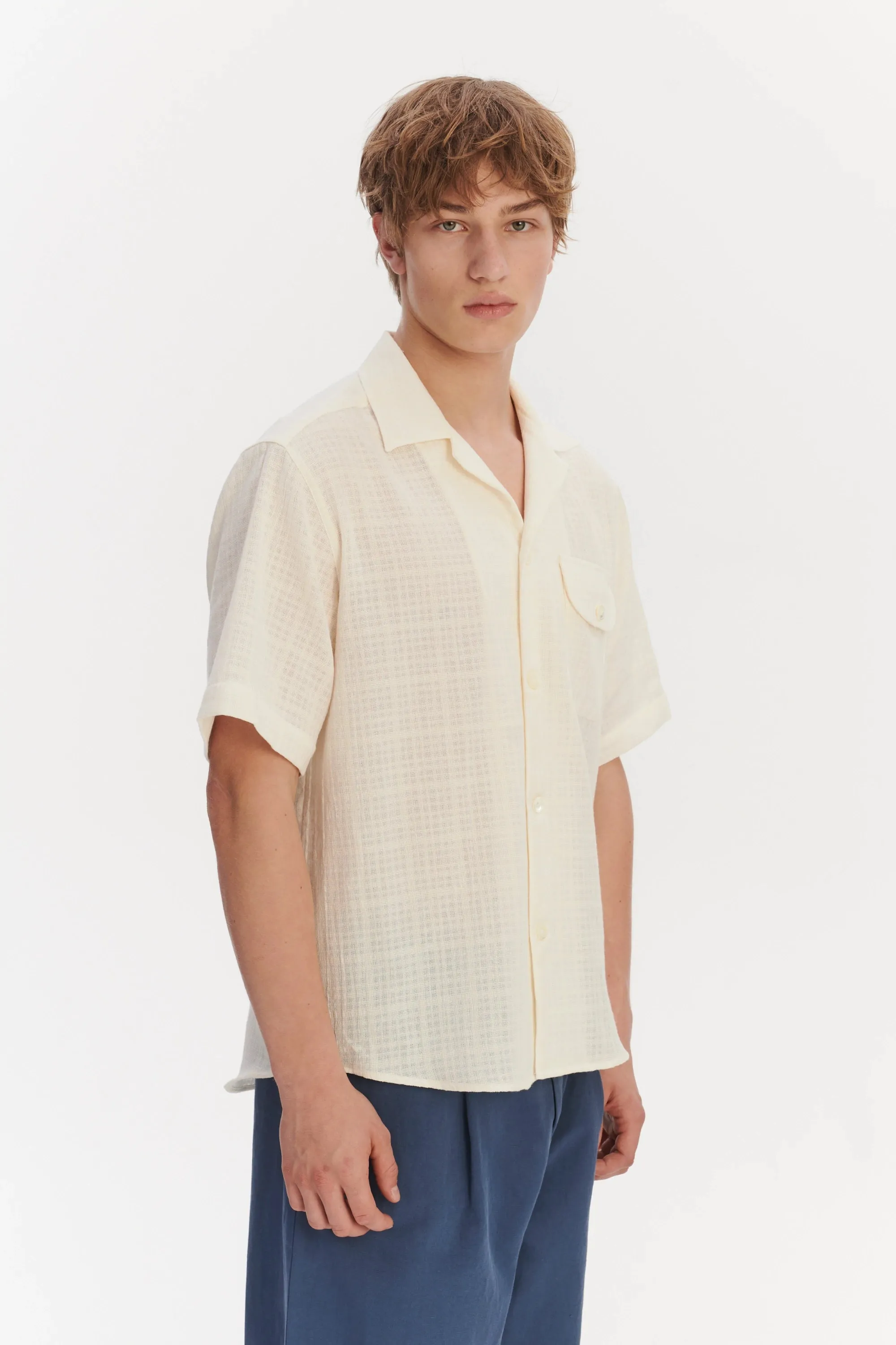 Short Sleeve Camp Collar Shirt in a Cream White Airy Structural Portuguese Cotton sold by Delikatessen product image thumbnail 4