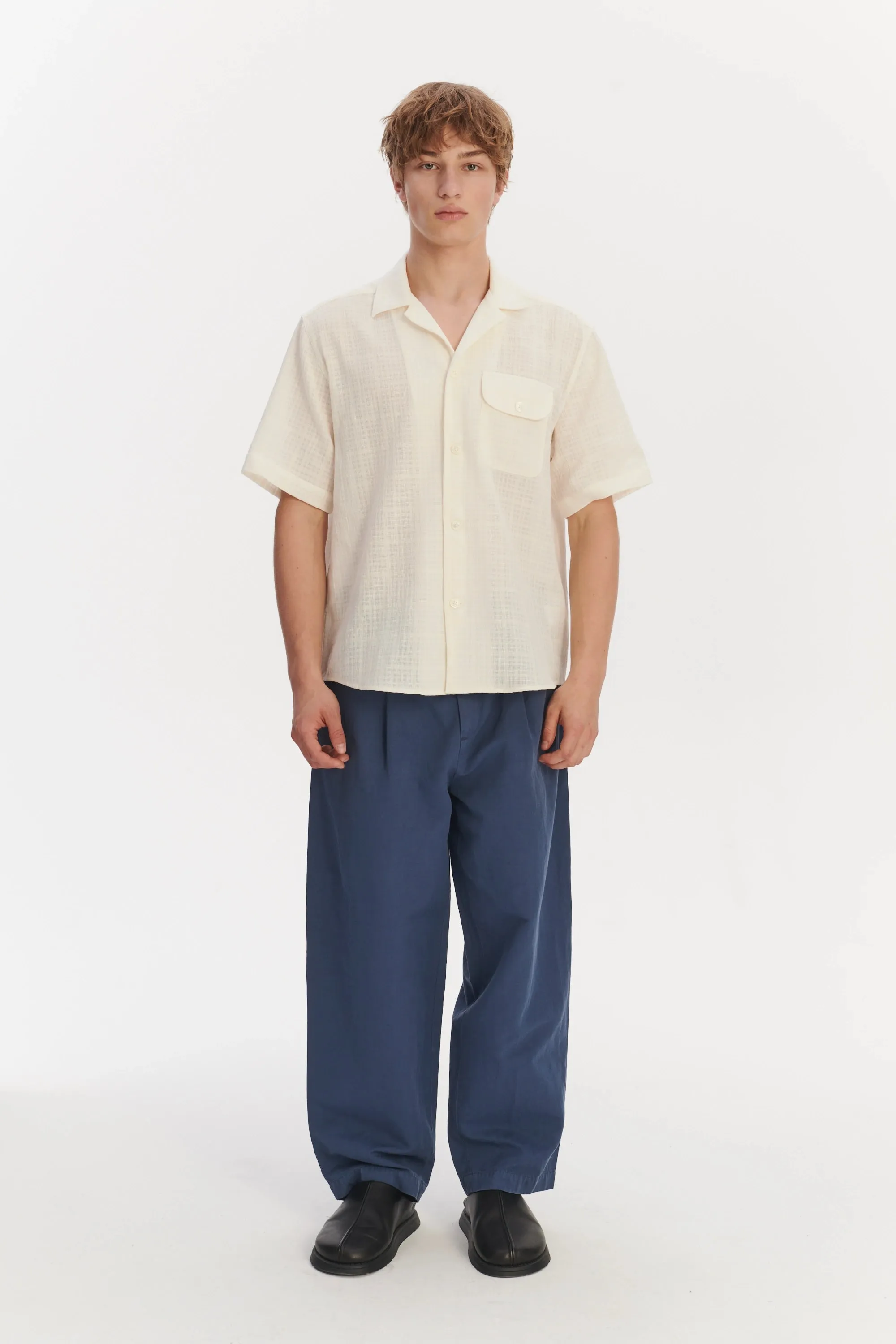 Short Sleeve Camp Collar Shirt in a Cream White Airy Structural Portuguese Cotton sold by Delikatessen product image thumbnail 2