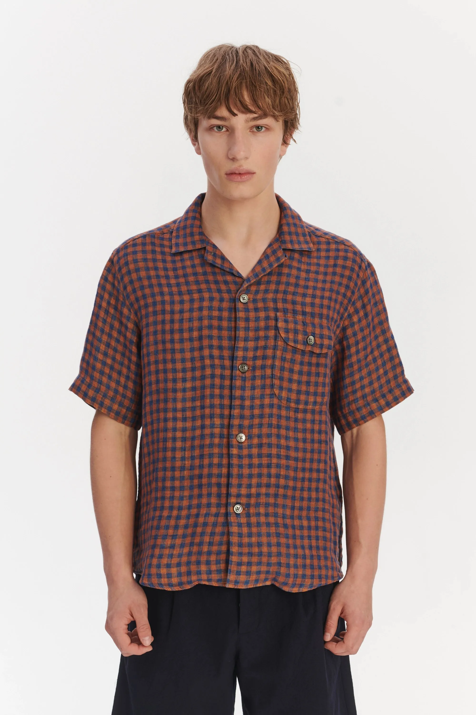 Short Sleeve Relaxed Camp Collar Shirt in a Double Sided Rusty Red and Blue Chequered Linen sold by Delikatessen product image thumbnail 4