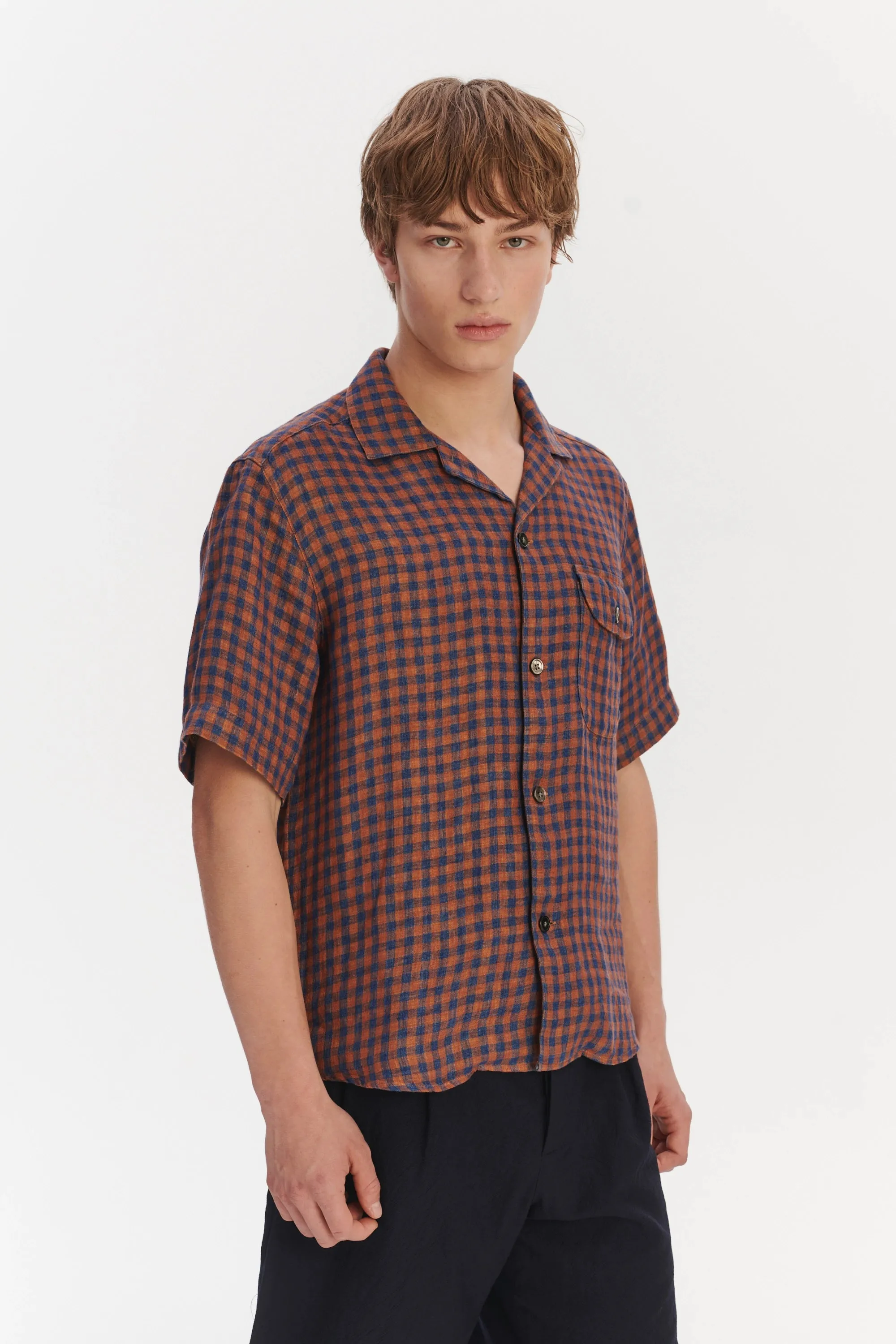 Short Sleeve Relaxed Camp Collar Shirt in a Double Sided Rusty Red and Blue Chequered Linen sold by Delikatessen product image thumbnail 5