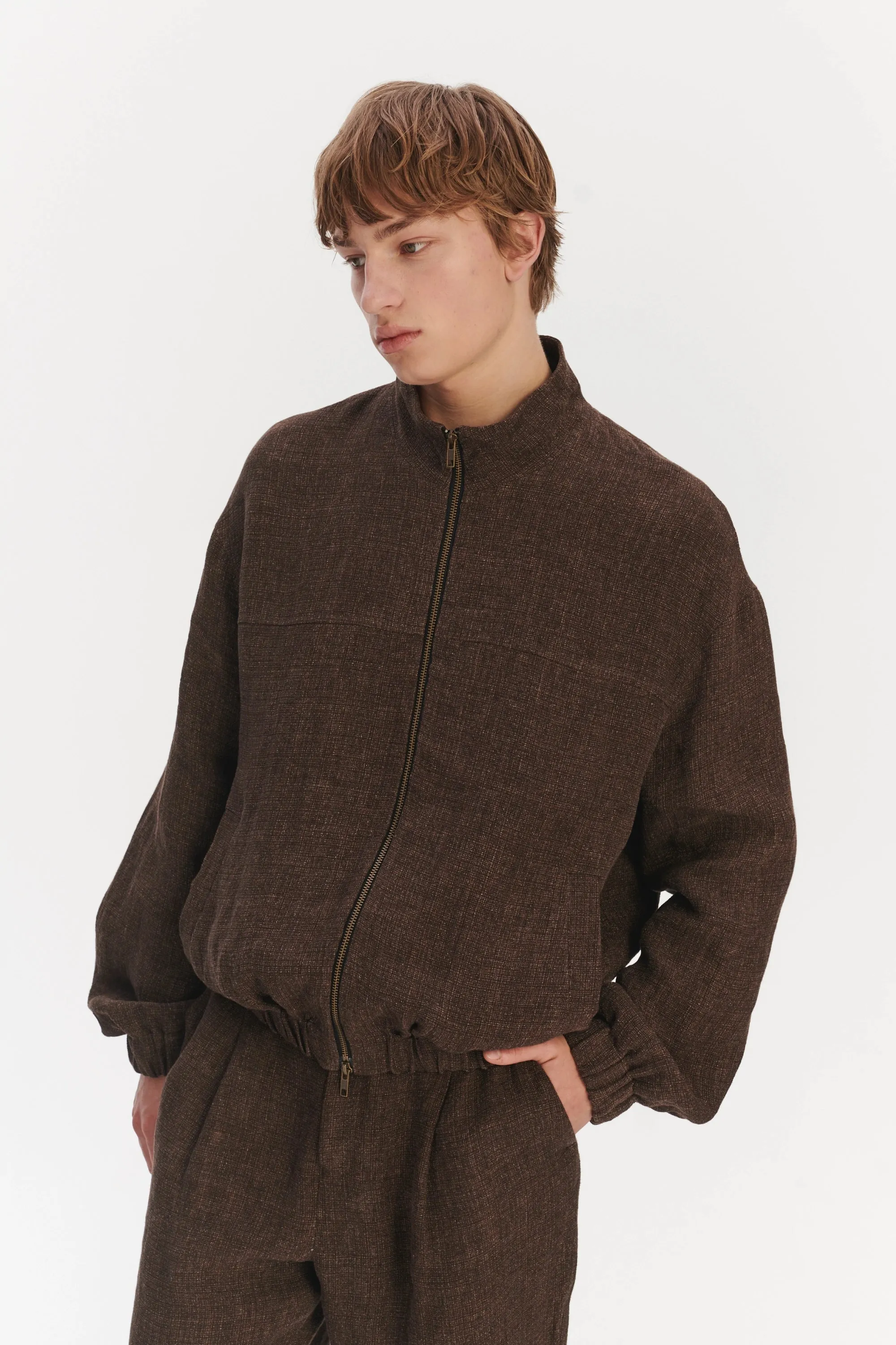 New Zipped Blouson Jacket in a Brown Italian Linen Crêpe sold by Delikatessen product image thumbnail 5