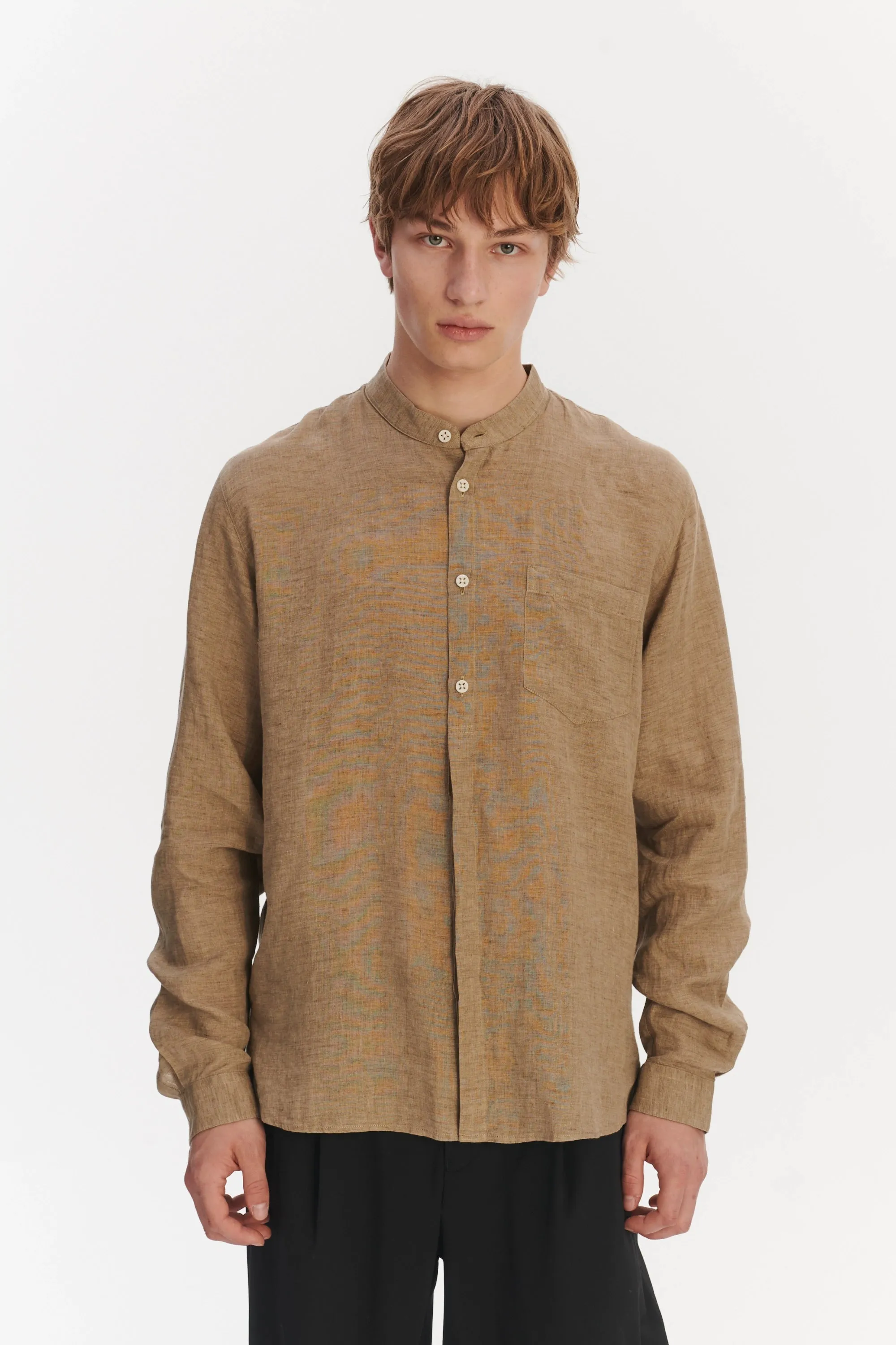 Zen Grandad Collar Shirt in a Khaki Portuguese Linen sold by Delikatessen product image thumbnail 3