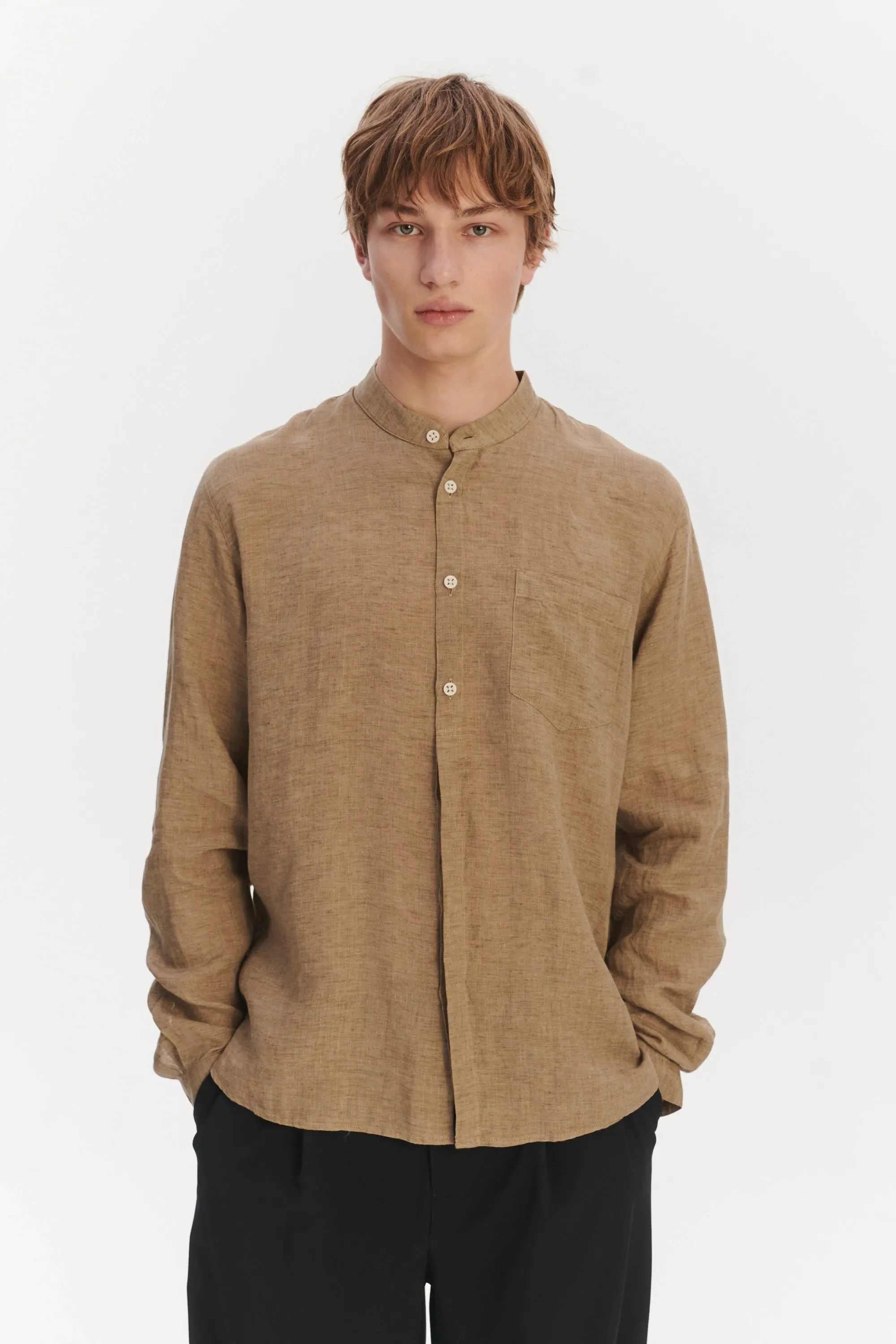 Zen Grandad Collar Shirt in a Khaki Portuguese Linen sold by Delikatessen product image thumbnail 2