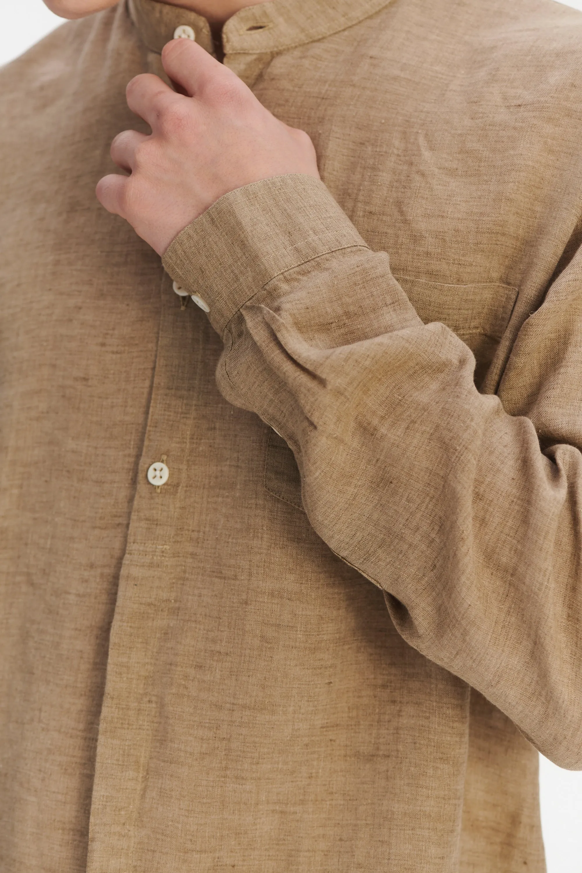 Zen Grandad Collar Shirt in a Khaki Portuguese Linen sold by Delikatessen product image thumbnail 5