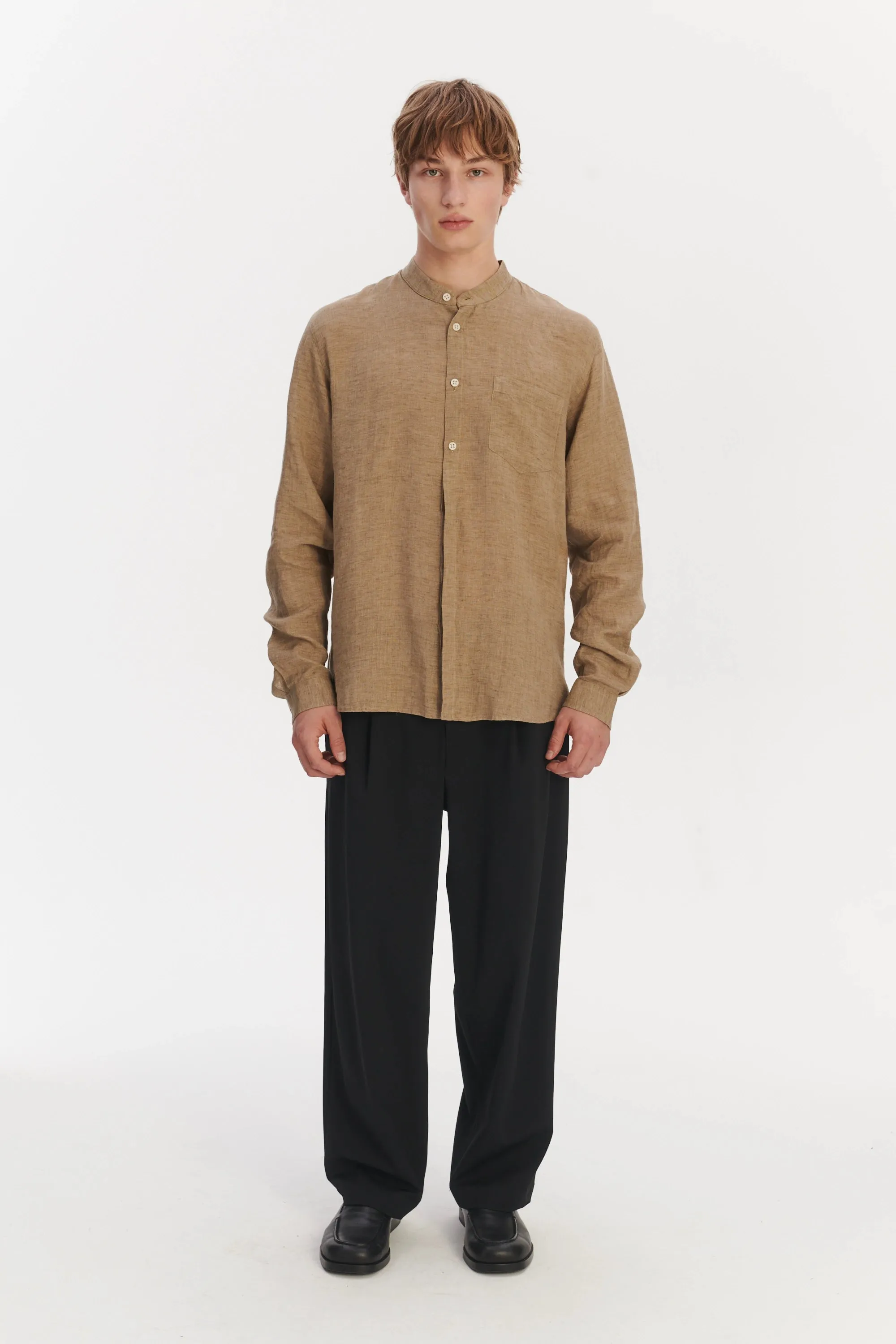 Zen Grandad Collar Shirt in a Khaki Portuguese Linen sold by Delikatessen