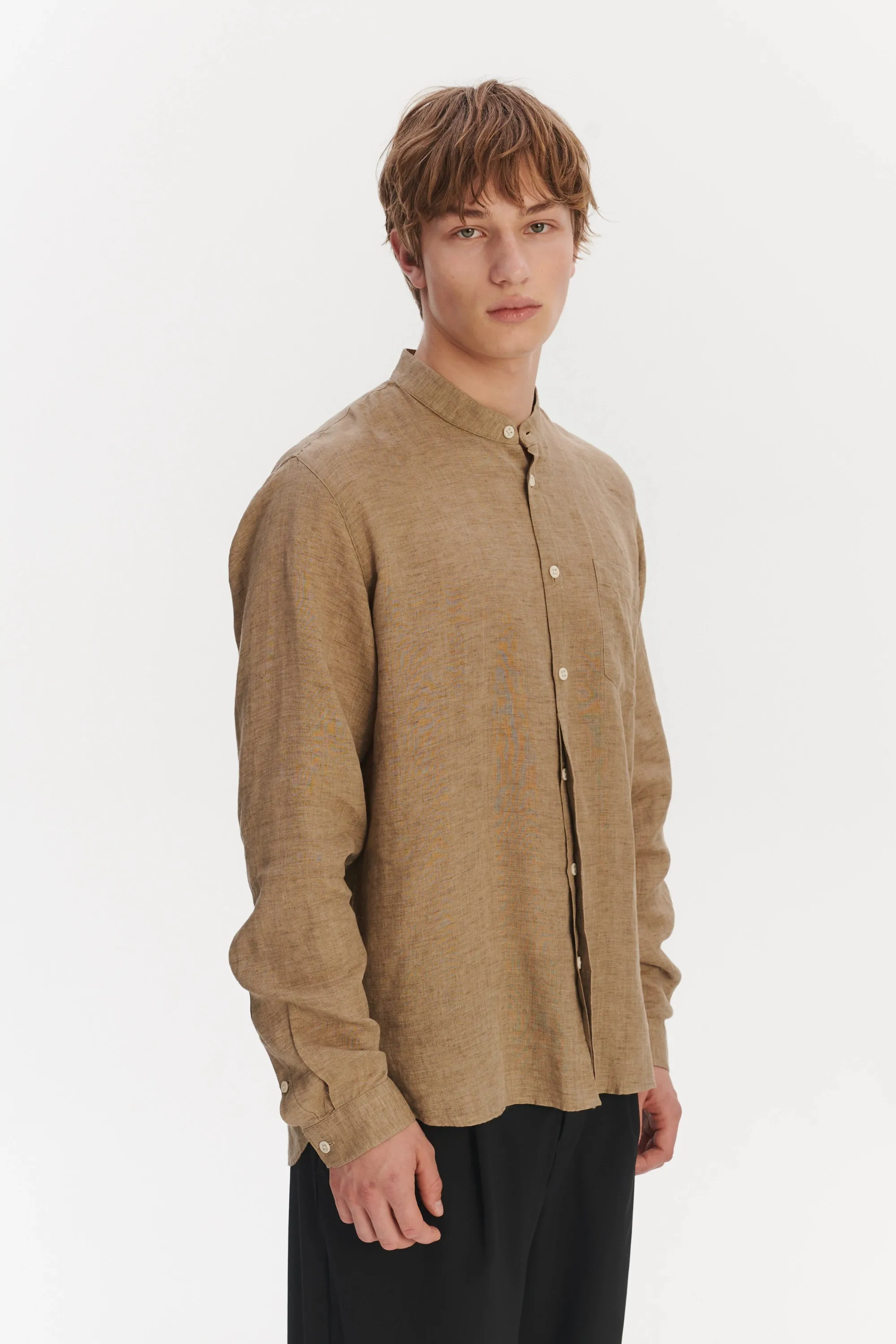 Zen Grandad Collar Shirt in a Khaki Portuguese Linen sold by Delikatessen product image thumbnail 4