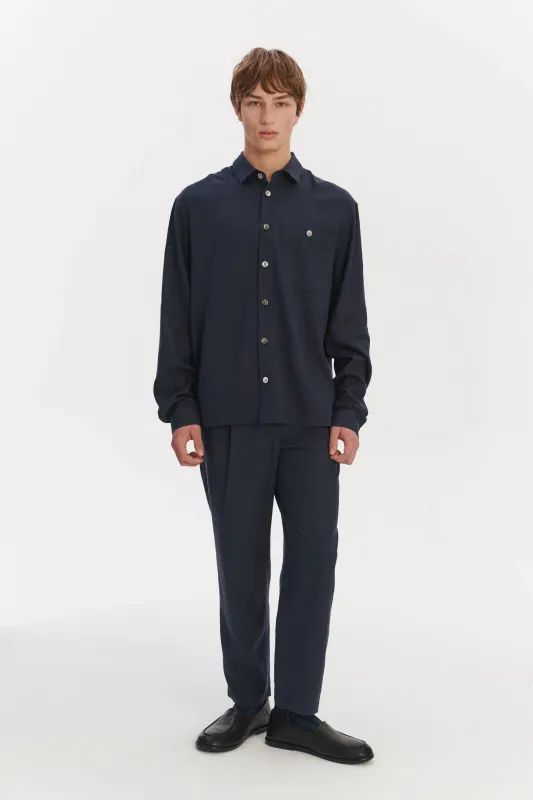 Architects Overshirt in a Navy Blue Mix of Japanese Linen and Silk sold by Delikatessen