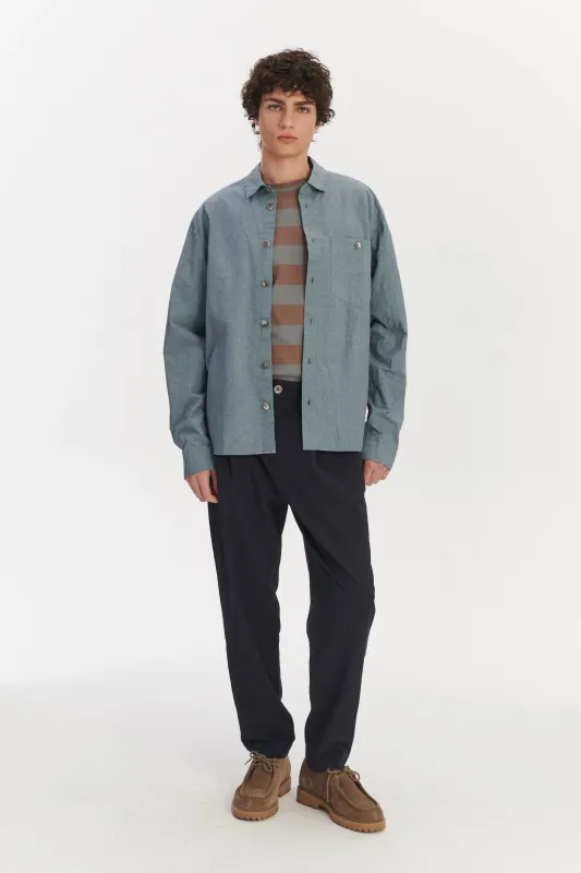 Architects Overshirt in a Pale Sky Blue  Dry Japanese Cotton and Linen sold by Delikatessen