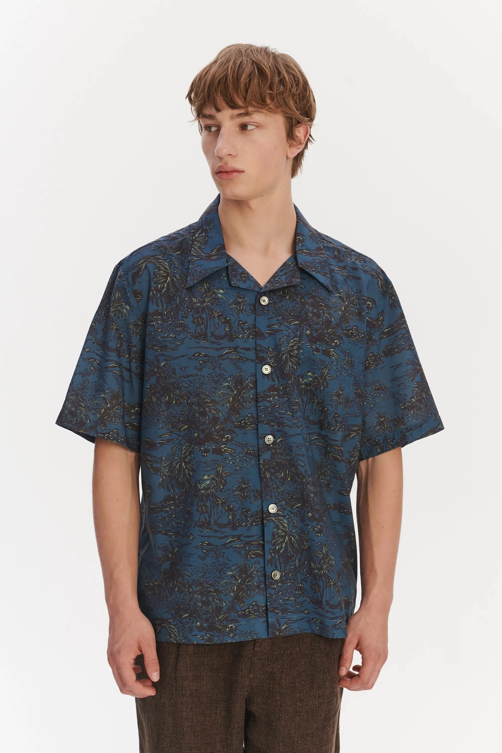 Short Sleeve Cuban Collar Shirt in a Blue Printed Palm Design Italian Cotton and Lyocell sold by Delikatessen product image thumbnail 5