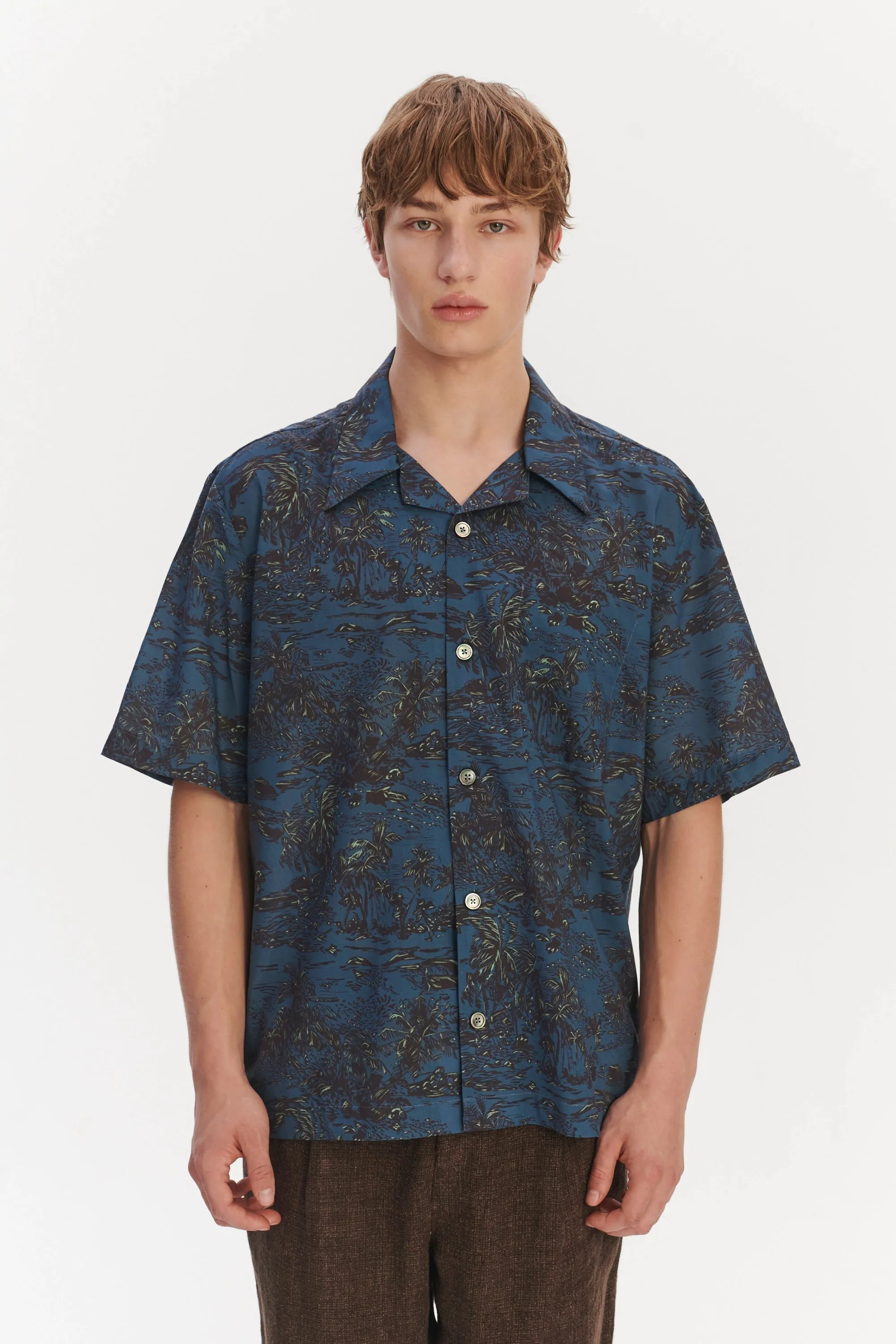 Short Sleeve Cuban Collar Shirt in a Blue Printed Palm Design Italian Cotton and Lyocell sold by Delikatessen product image thumbnail 3