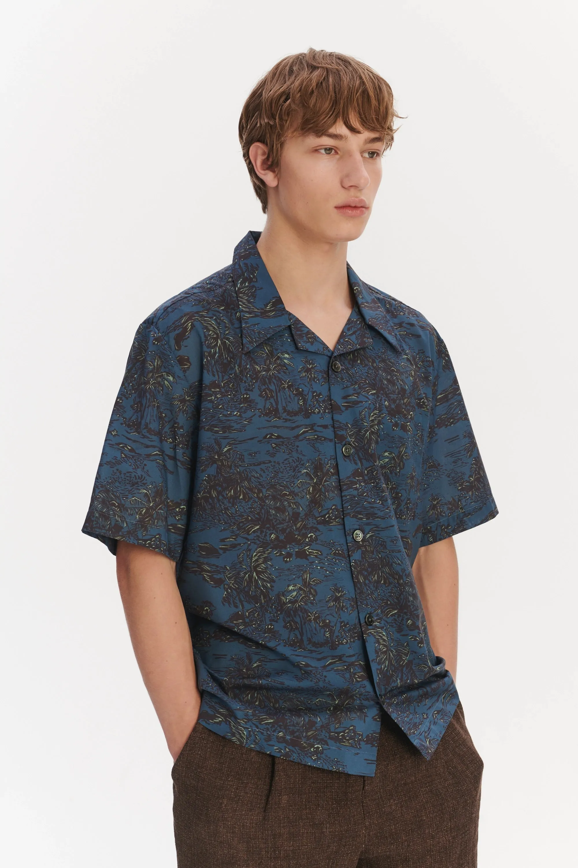Short Sleeve Cuban Collar Shirt in a Blue Printed Palm Design Italian Cotton and Lyocell sold by Delikatessen product image thumbnail 4