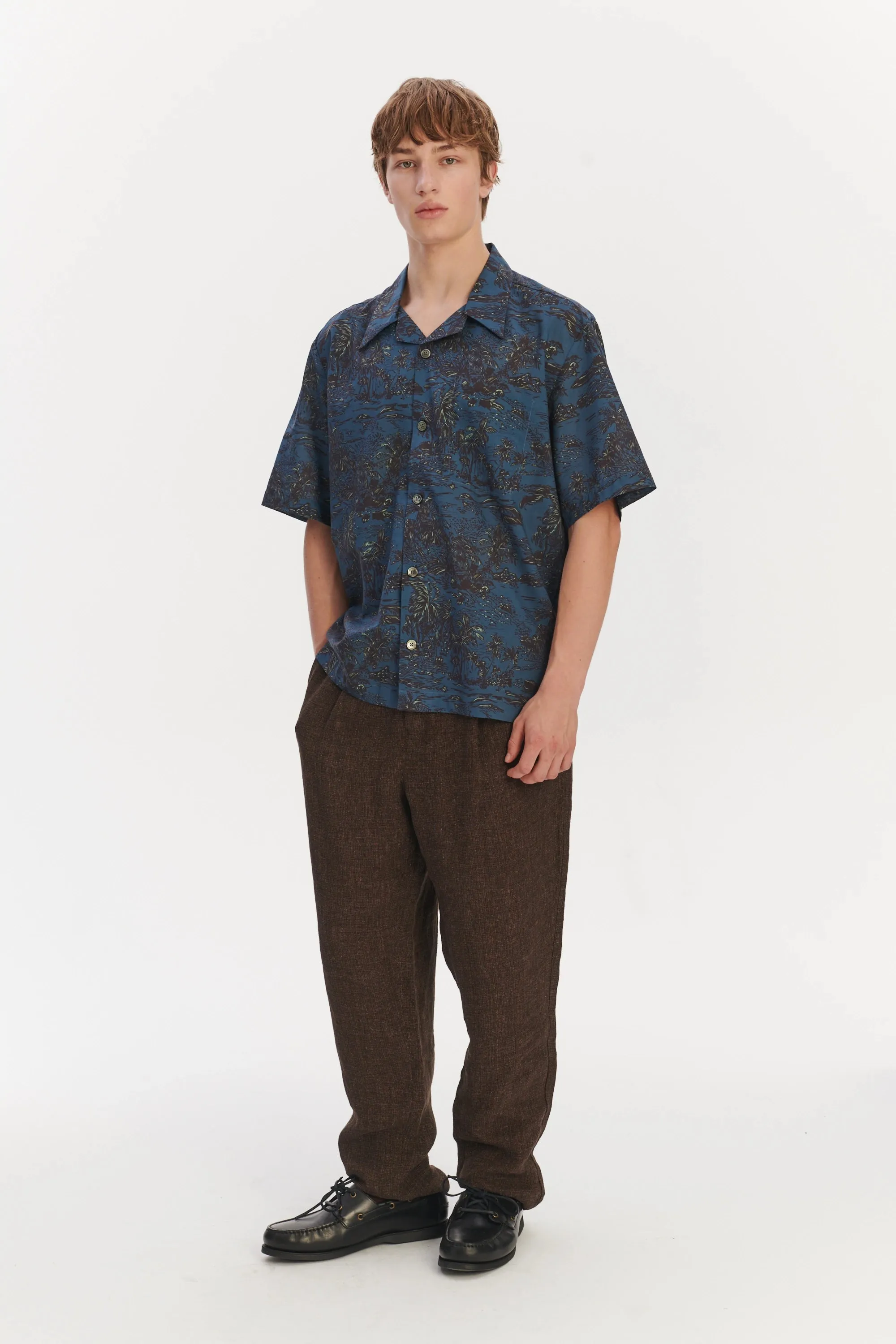 Short Sleeve Cuban Collar Shirt in a Blue Printed Palm Design Italian Cotton and Lyocell sold by Delikatessen product image thumbnail 2