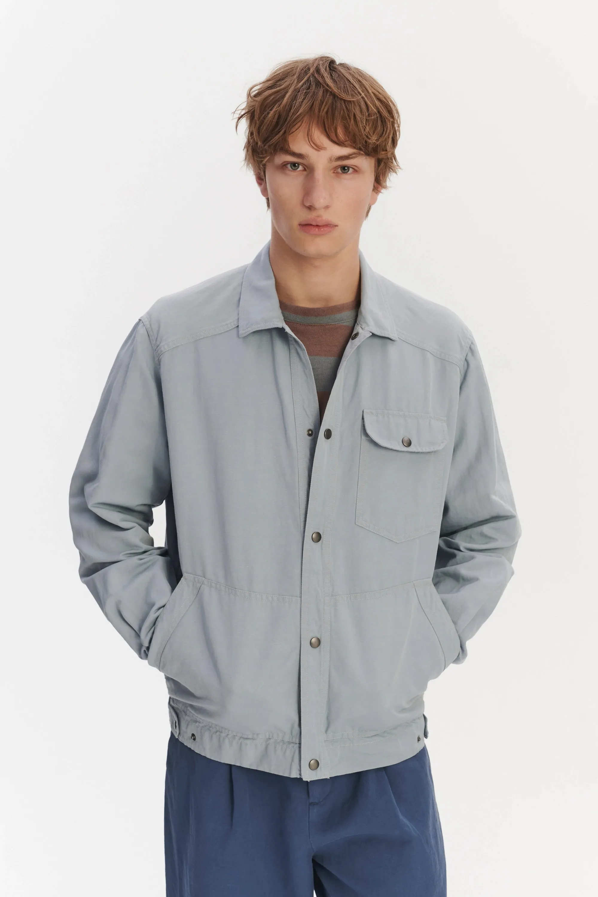 French Workwear Jacket in a Light Blue Grey Italian Cotton and Linen sold by Delikatessen product image thumbnail 5