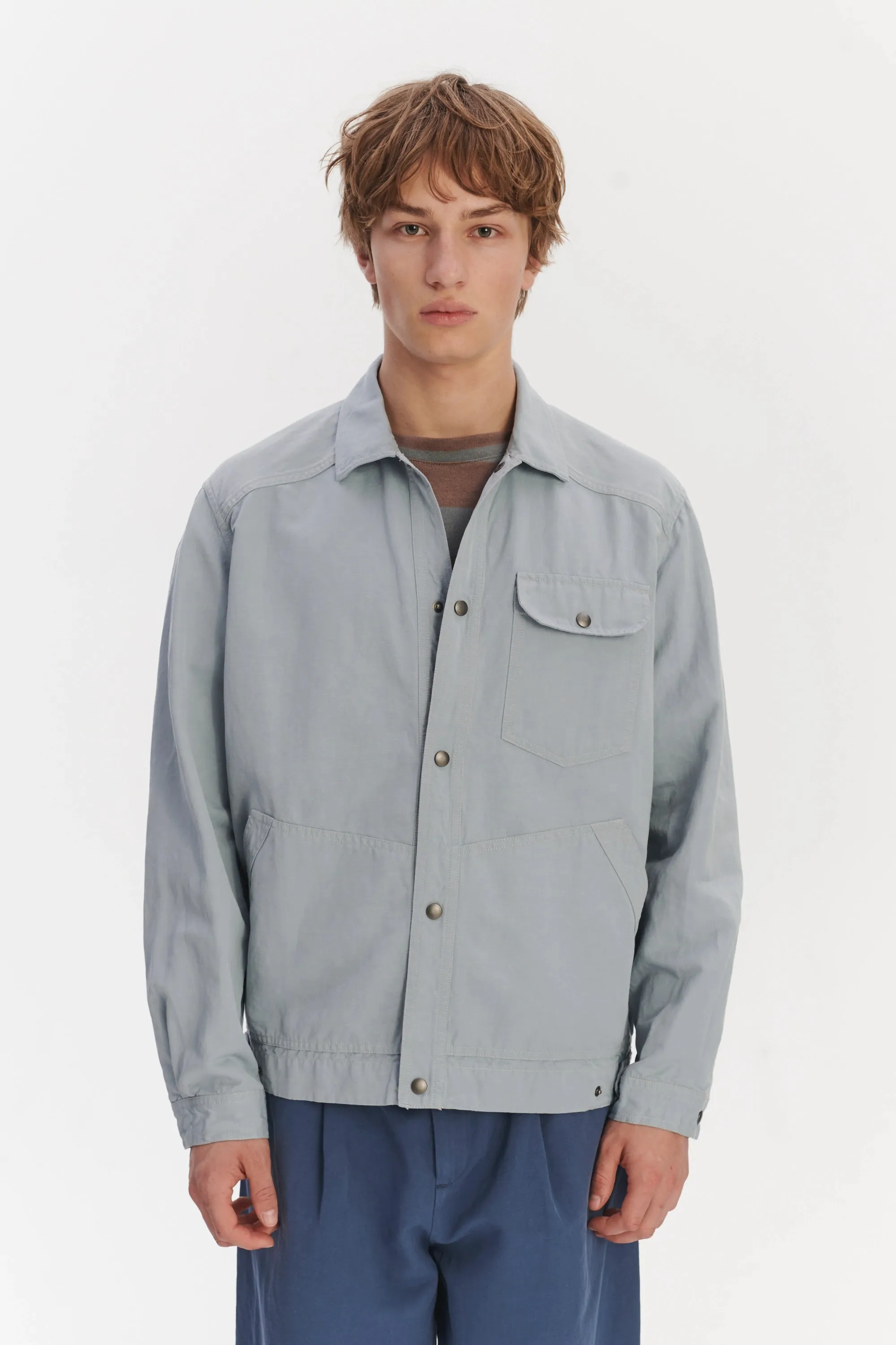 French Workwear Jacket in a Light Blue Grey Italian Cotton and Linen sold by Delikatessen product image thumbnail 3