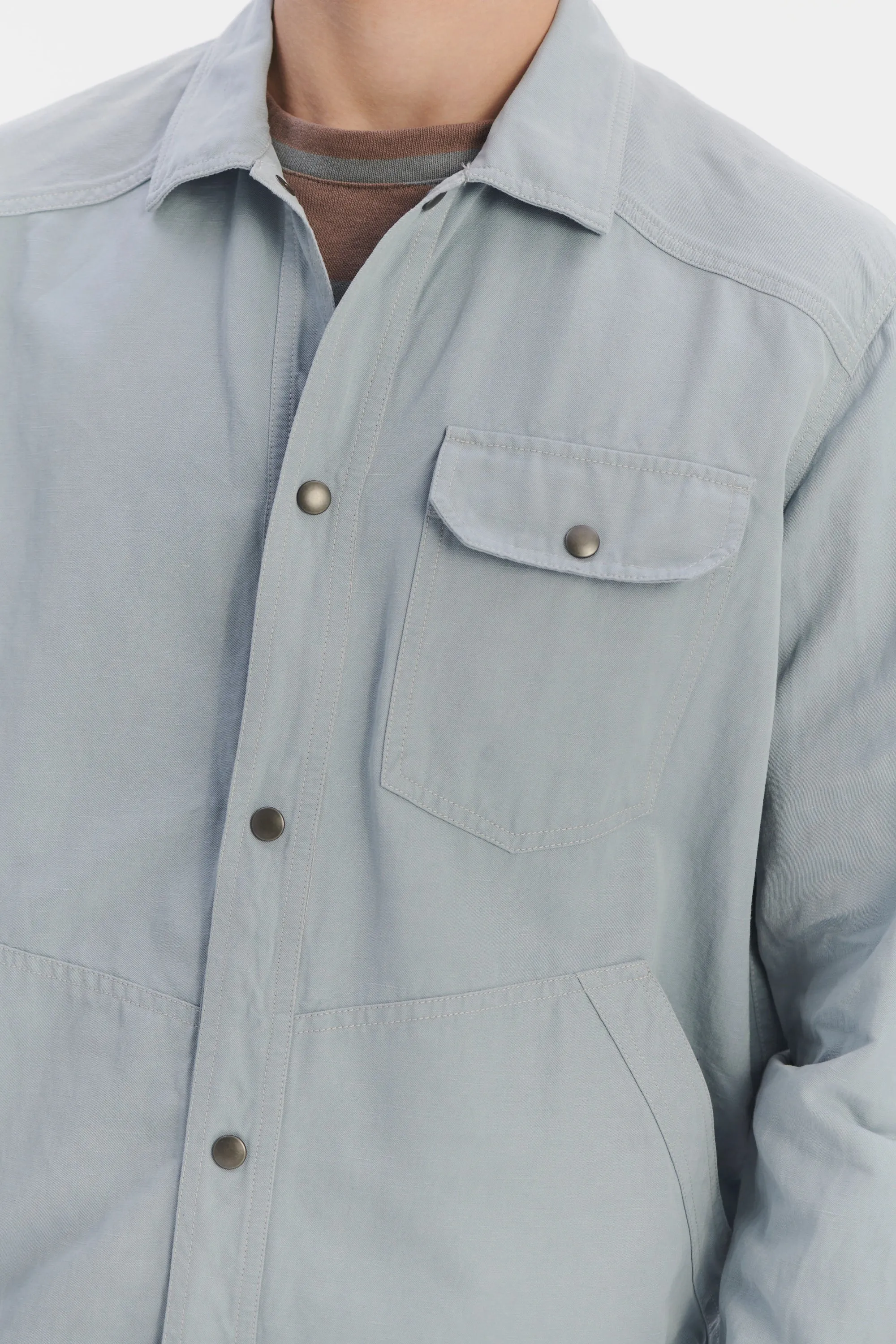 French Workwear Jacket in a Light Blue Grey Italian Cotton and Linen sold by Delikatessen product image thumbnail 2