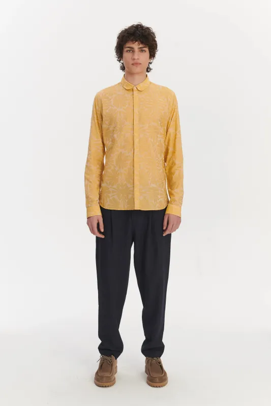 Cute Round Collar Shirt in a Yellow and Cream Jacquard Italian Cotton sold by Delikatessen