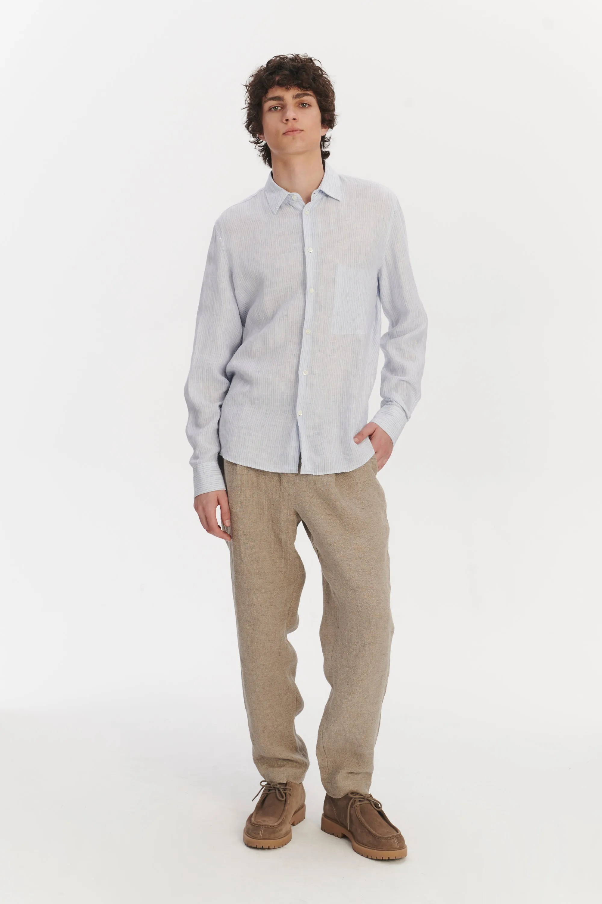 Feel Good Shirt in The Finest White and Subtle Blue Pin Striped Italian Linen sold by Delikatessen product image thumbnail 4