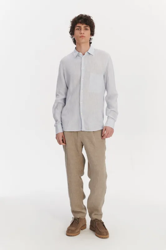Feel Good Shirt in The Finest White and Subtle Blue Pin Striped Italian Linen sold by Delikatessen