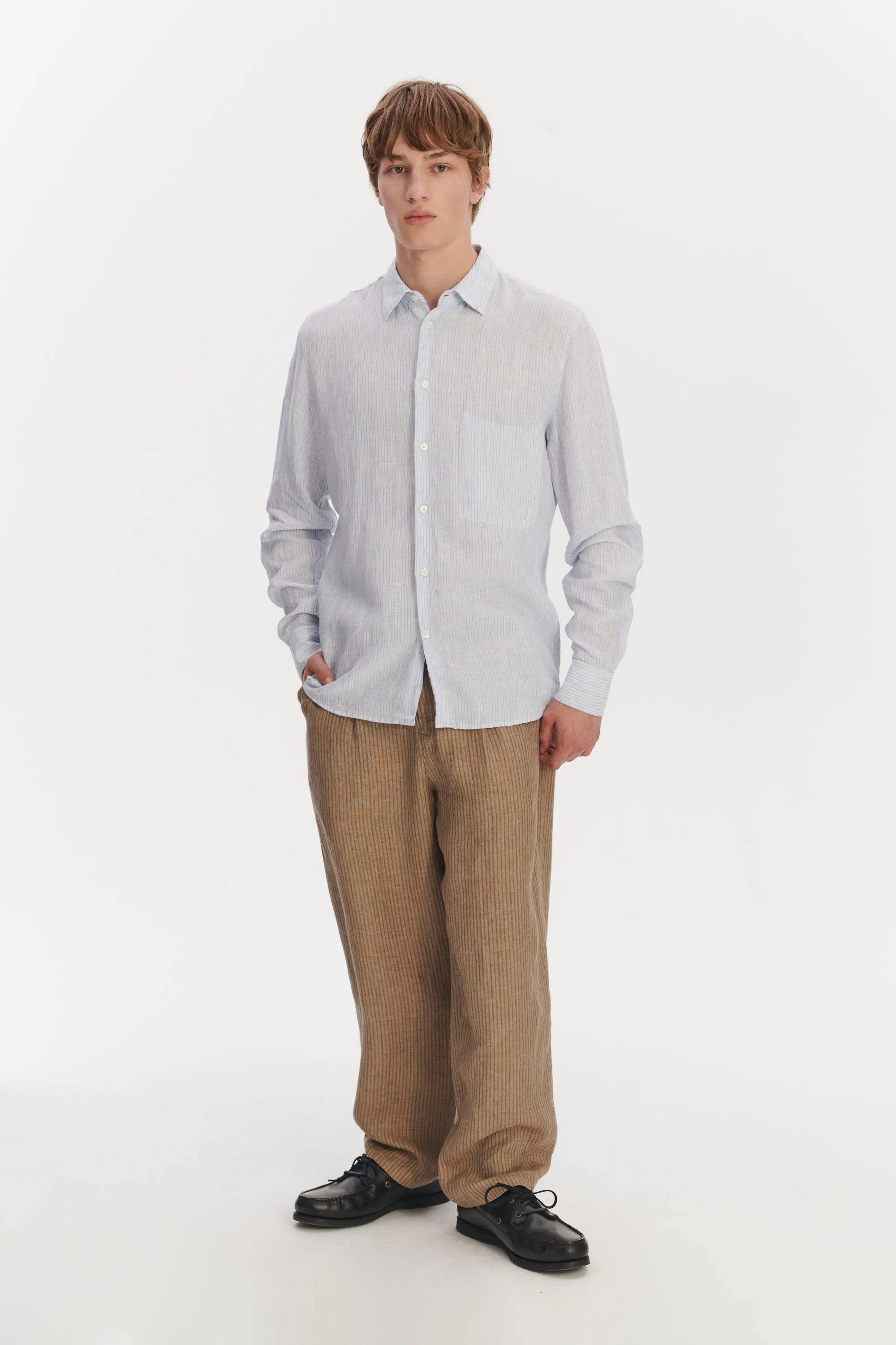 Feel Good Shirt in The Finest White and Subtle Blue Pin Striped Italian Linen sold by Delikatessen product image thumbnail 3