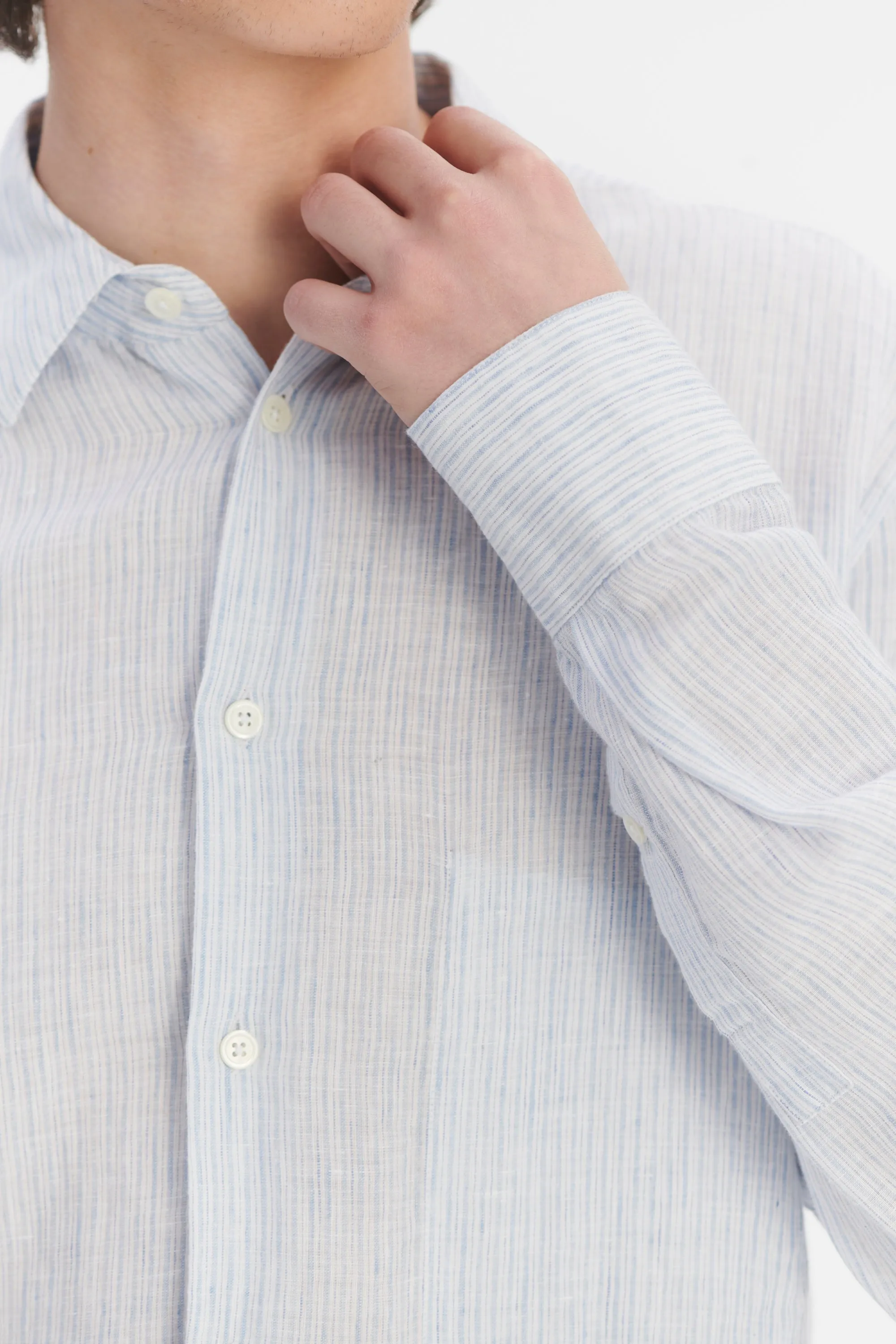 Feel Good Shirt in The Finest White and Subtle Blue Pin Striped Italian Linen sold by Delikatessen product image thumbnail 2