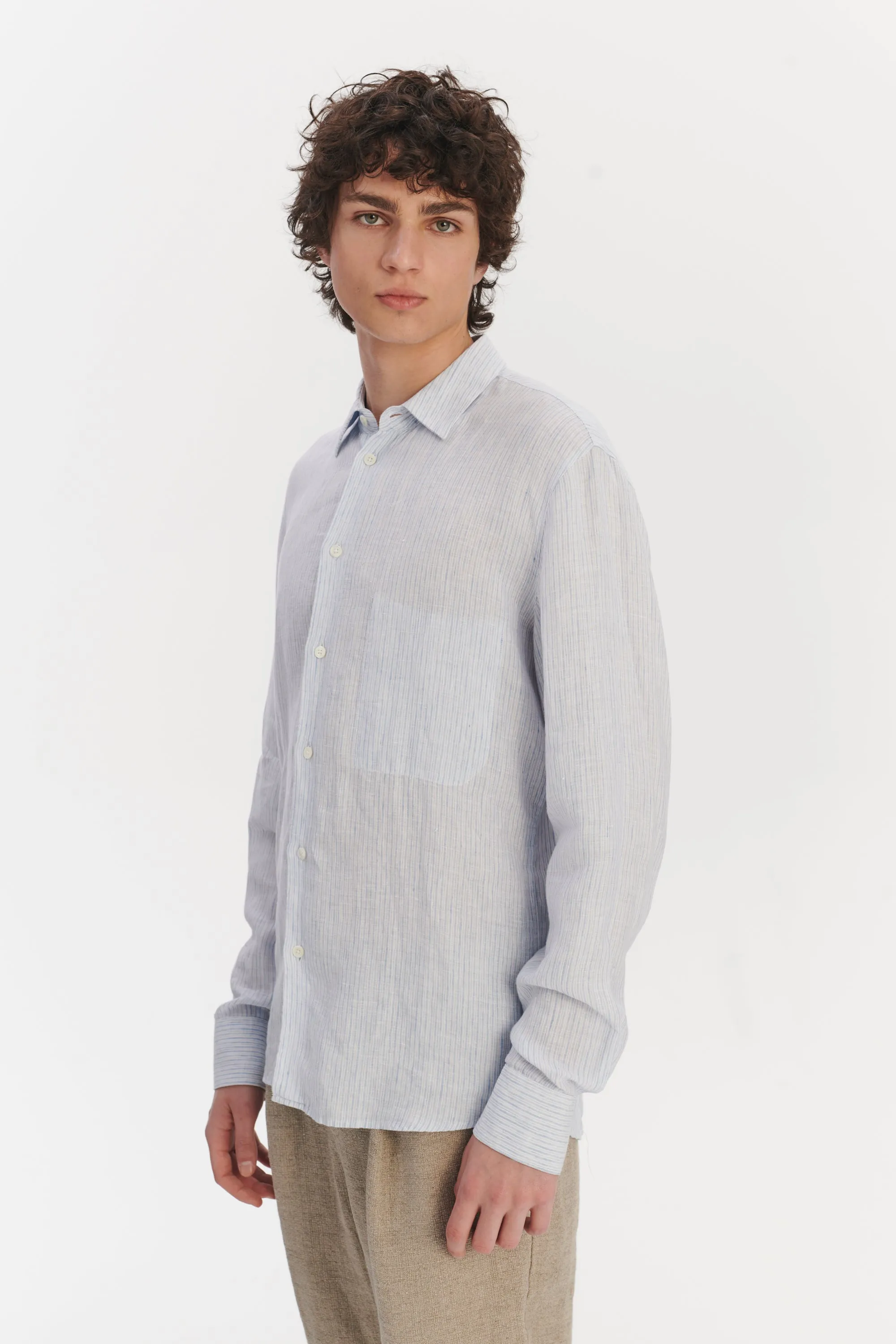 Feel Good Shirt in The Finest White and Subtle Blue Pin Striped Italian Linen sold by Delikatessen product image thumbnail 5