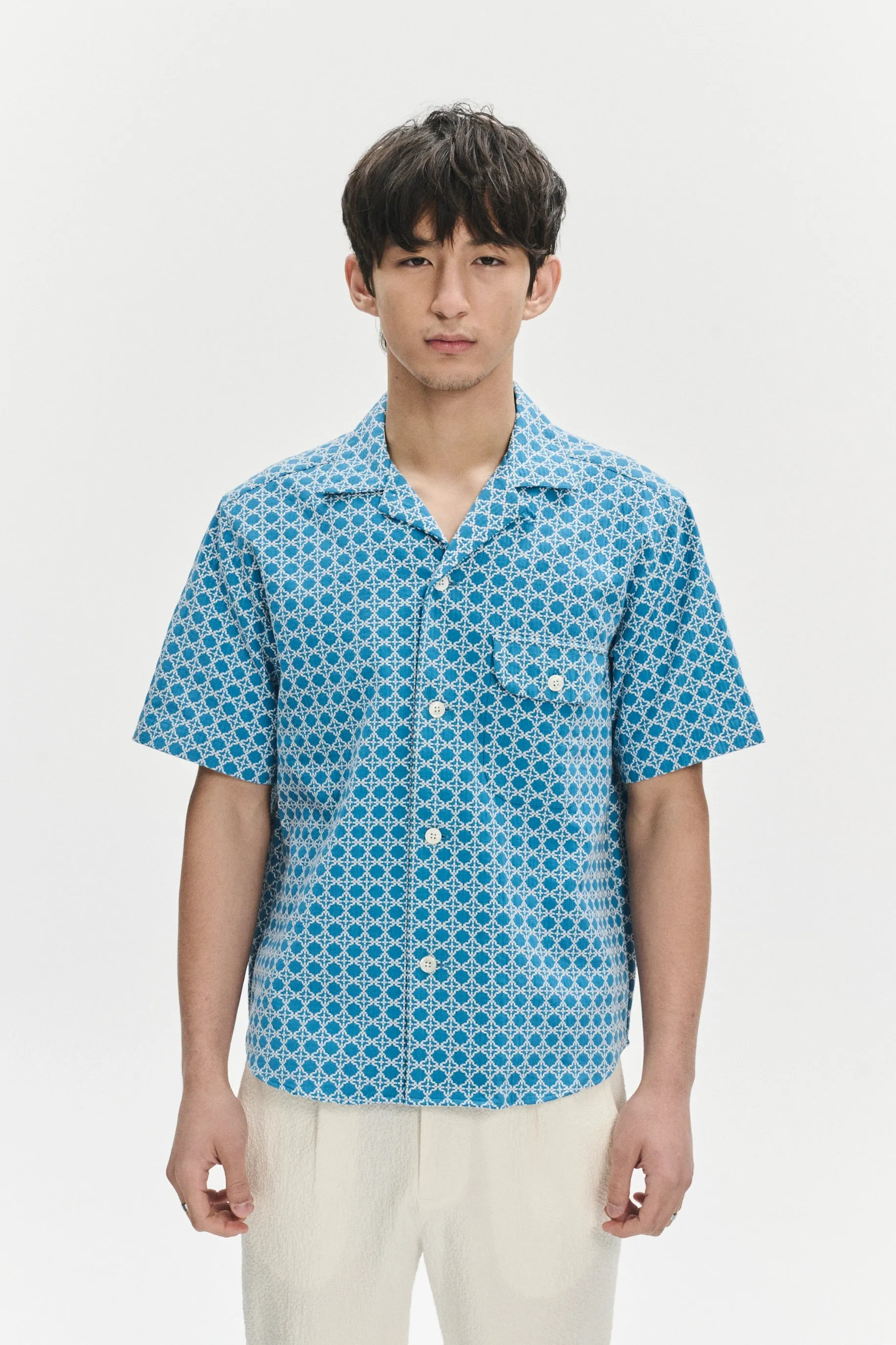 Short Sleeve Camp Collar Shirt in a Vibrant Turquoise Blue Jacquard Portuguese Cotton sold by Delikatessen product image thumbnail 4