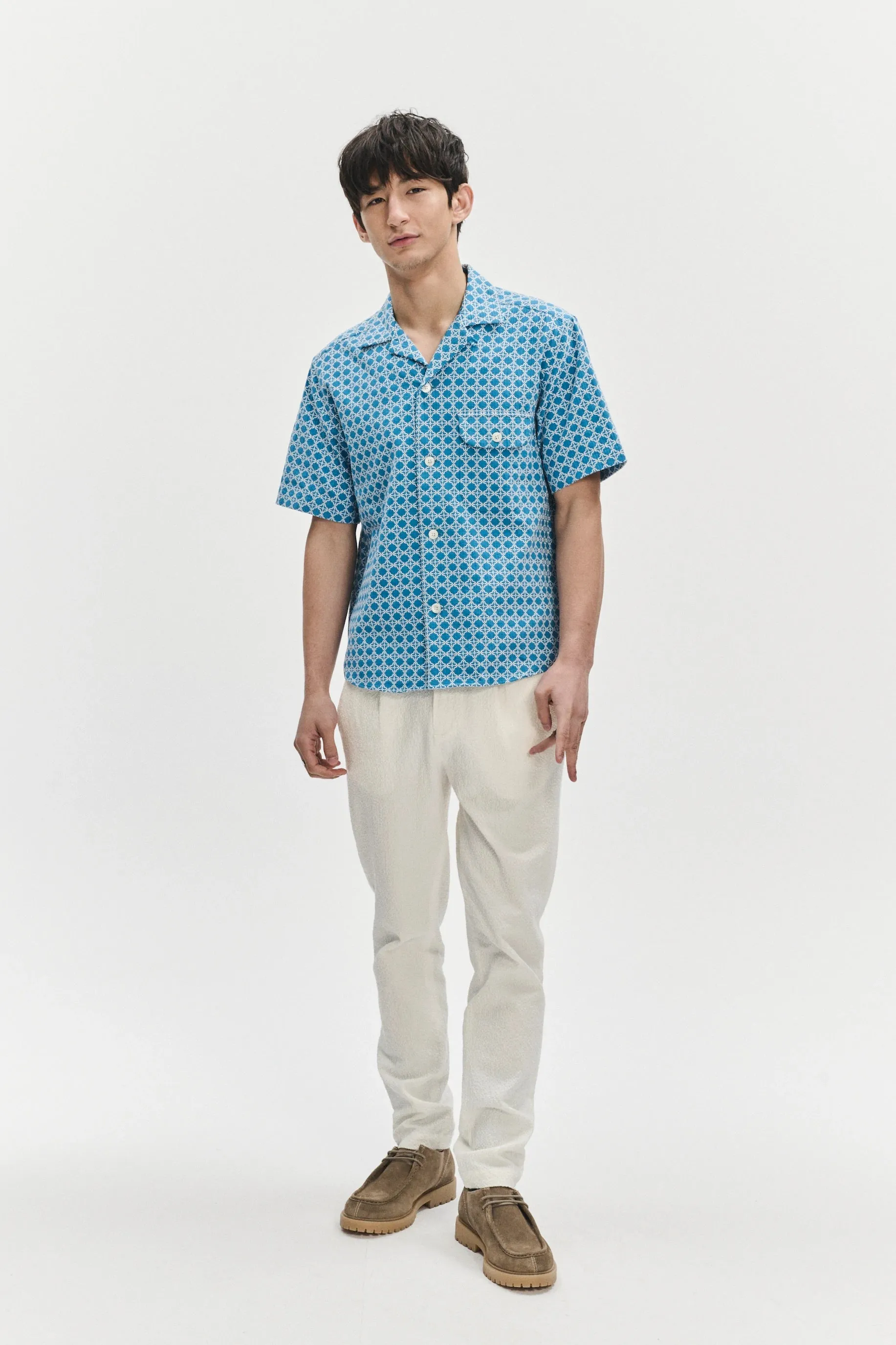 Short Sleeve Camp Collar Shirt in a Vibrant Turquoise Blue Jacquard Portuguese Cotton sold by Delikatessen