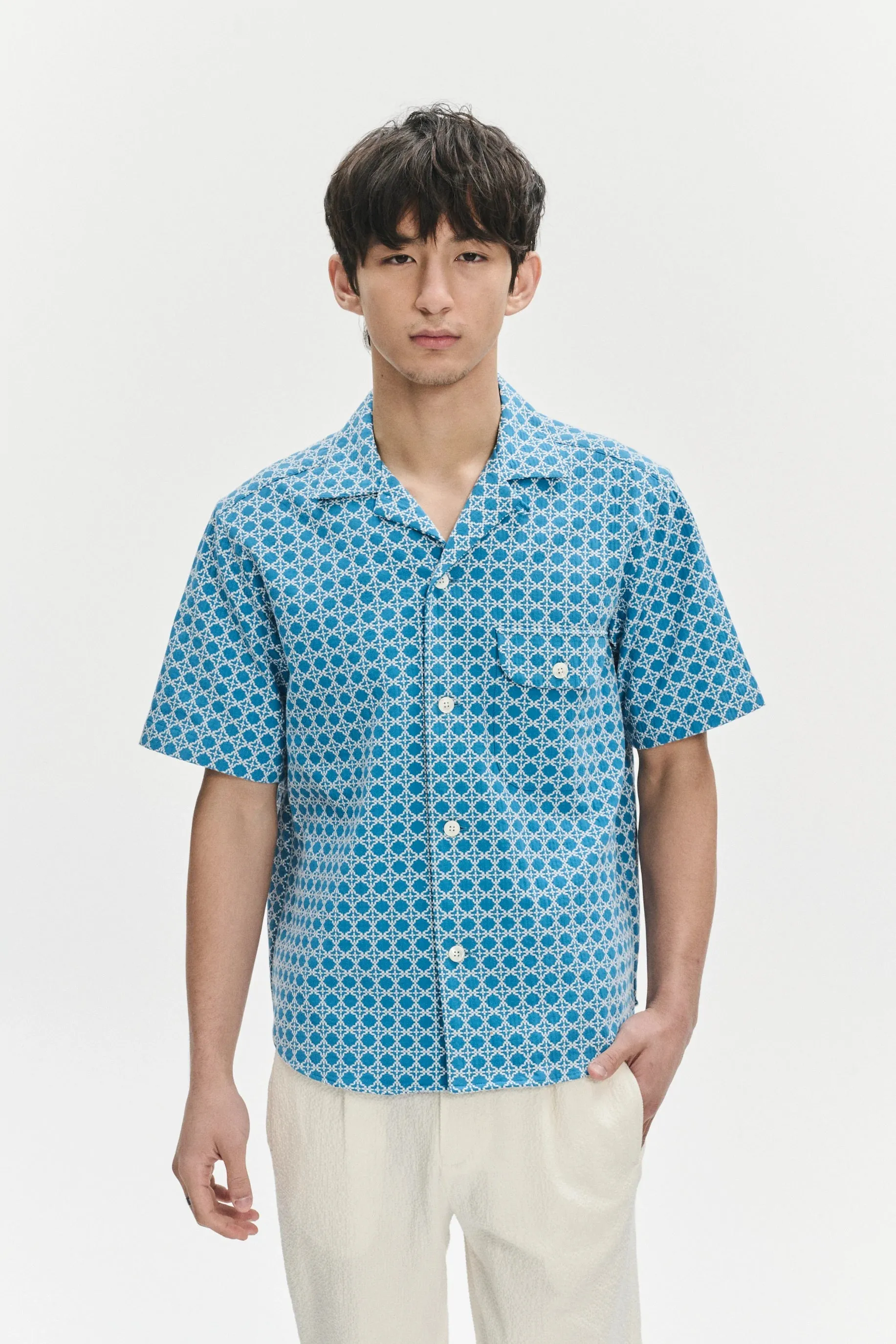 Short Sleeve Camp Collar Shirt in a Vibrant Turquoise Blue Jacquard Portuguese Cotton sold by Delikatessen product image thumbnail 5