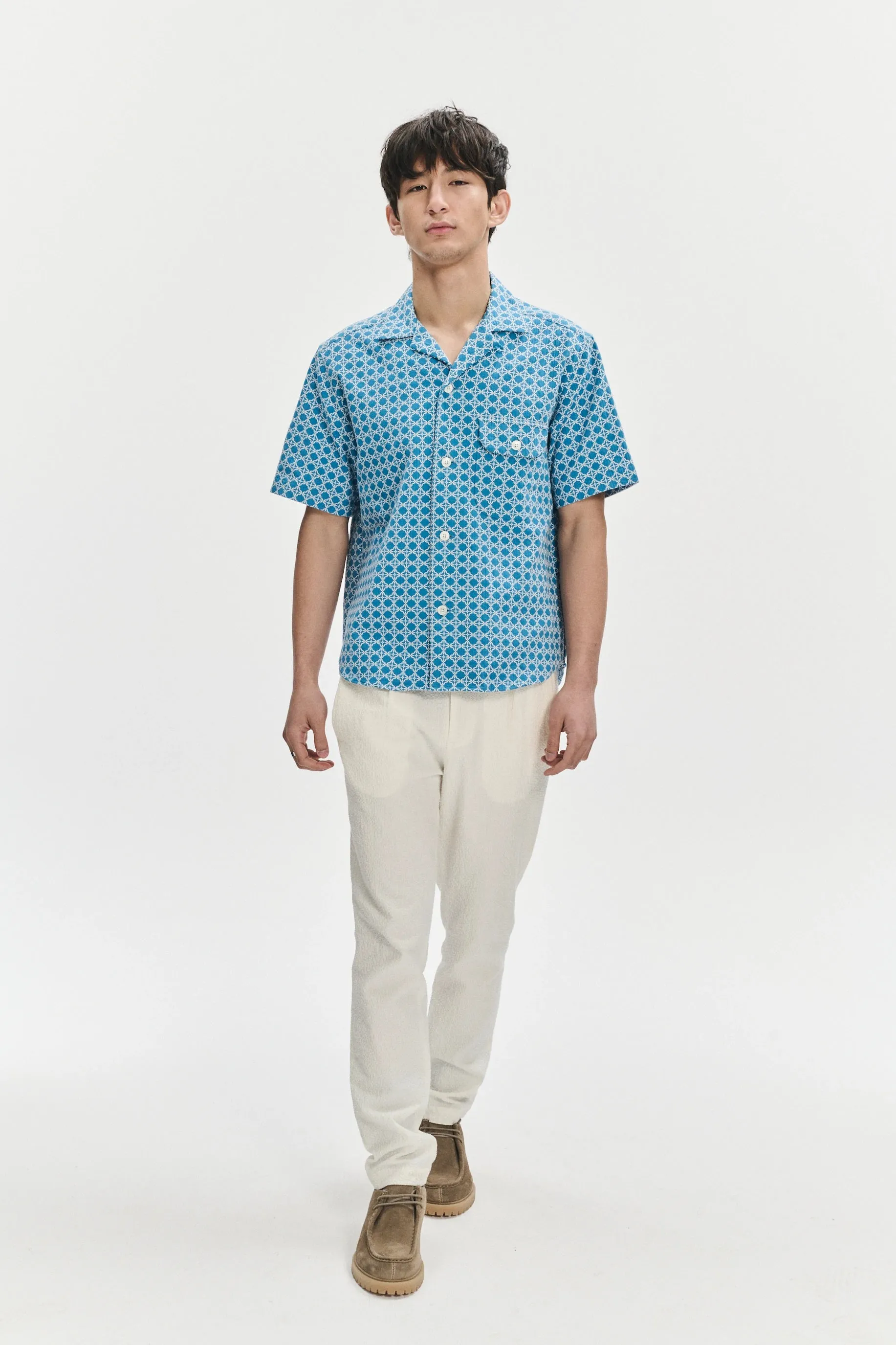 Short Sleeve Camp Collar Shirt in a Vibrant Turquoise Blue Jacquard Portuguese Cotton sold by Delikatessen product image thumbnail 3