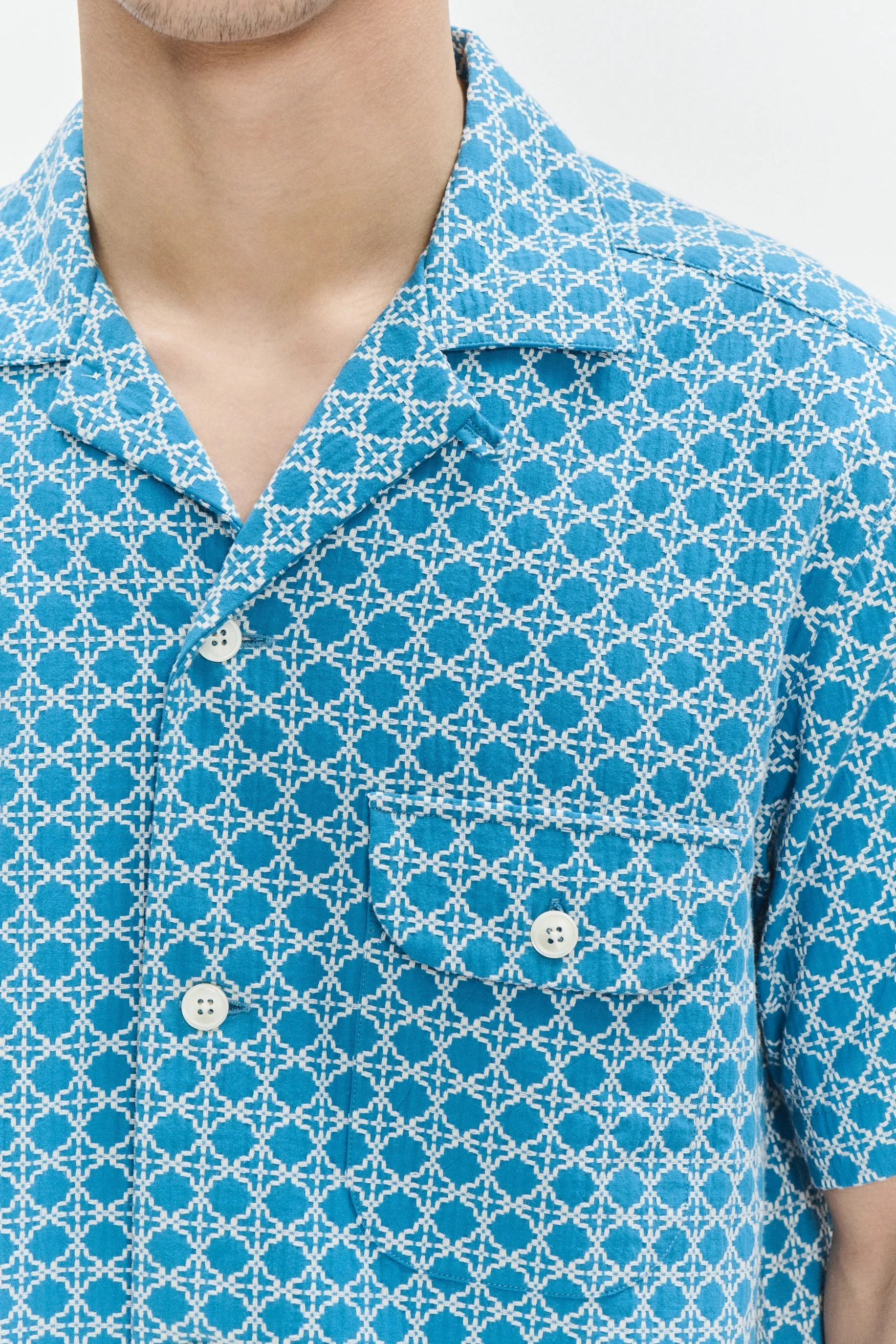 Short Sleeve Camp Collar Shirt in a Vibrant Turquoise Blue Jacquard Portuguese Cotton sold by Delikatessen product image thumbnail 2
