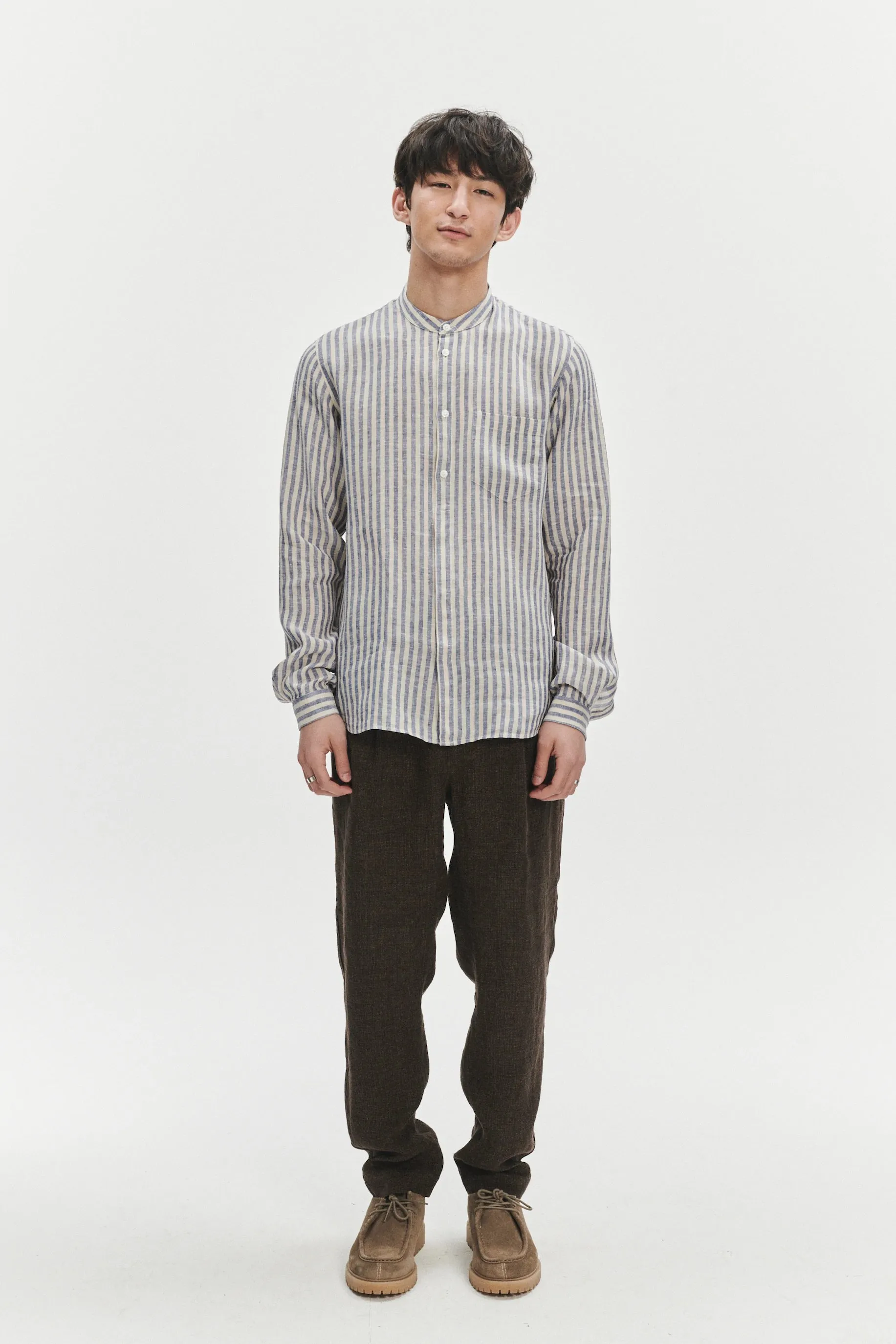 Zen Grandad Collar Shirt in a Creamy White and Blue Organic Italian Linen sold by Delikatessen