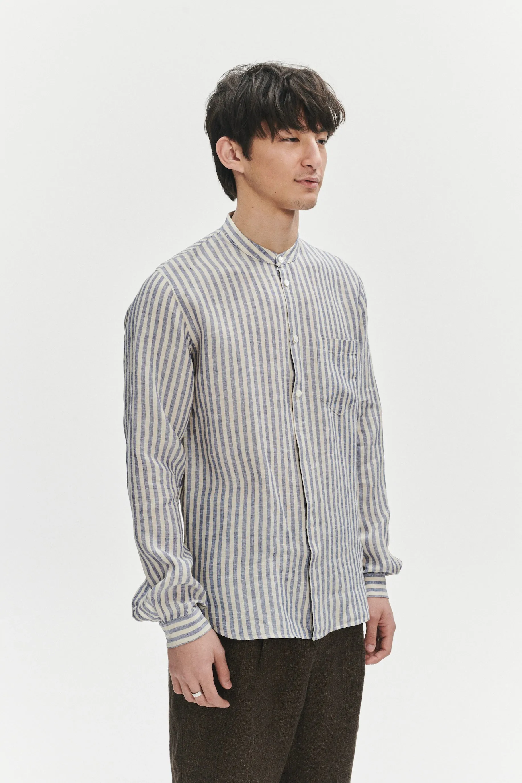 Zen Grandad Collar Shirt in a Creamy White and Blue Organic Italian Linen sold by Delikatessen product image thumbnail 5