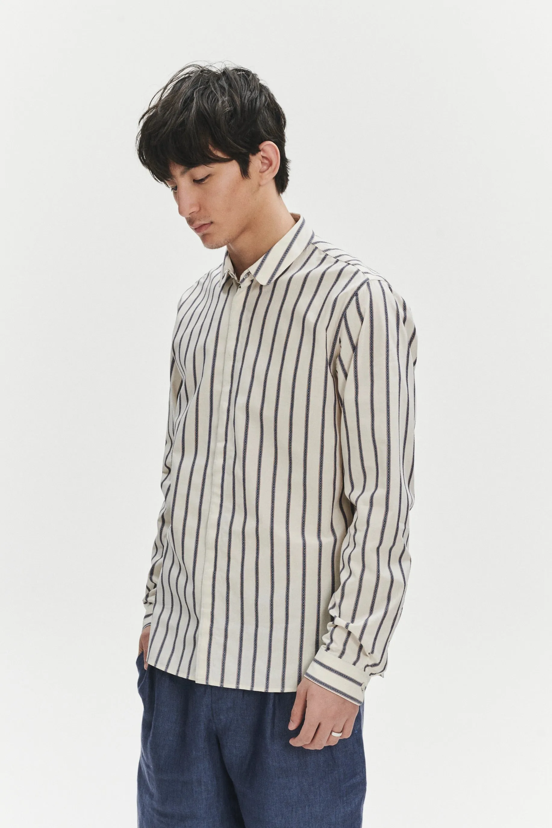 Cute Round Collar Shirt in an Ethno Inspired Blue with Red Striped White Italian Organic Cotton sold by Delikatessen product image thumbnail 5