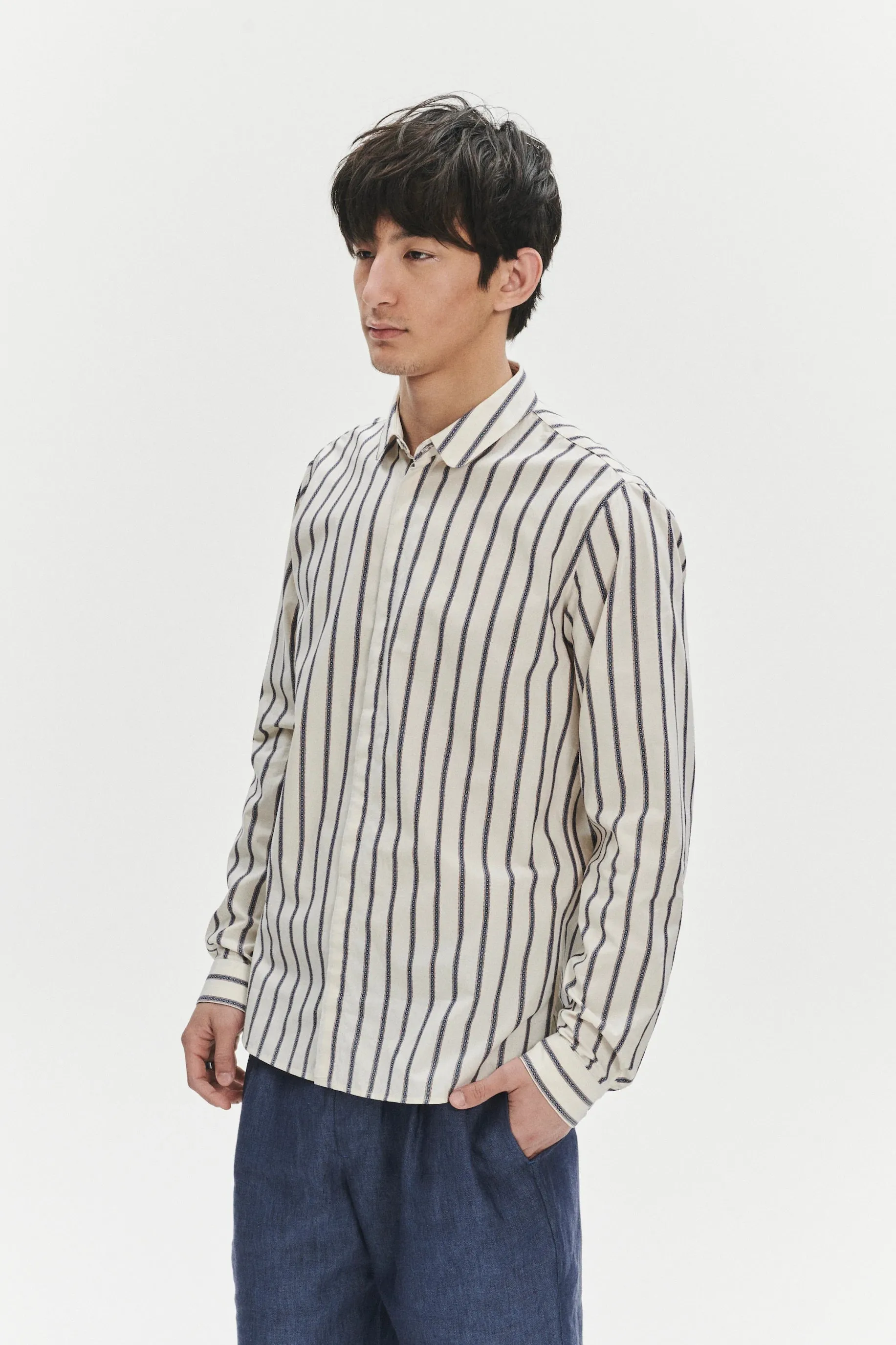 Cute Round Collar Shirt in an Ethno Inspired Blue with Red Striped White Italian Organic Cotton sold by Delikatessen product image thumbnail 4