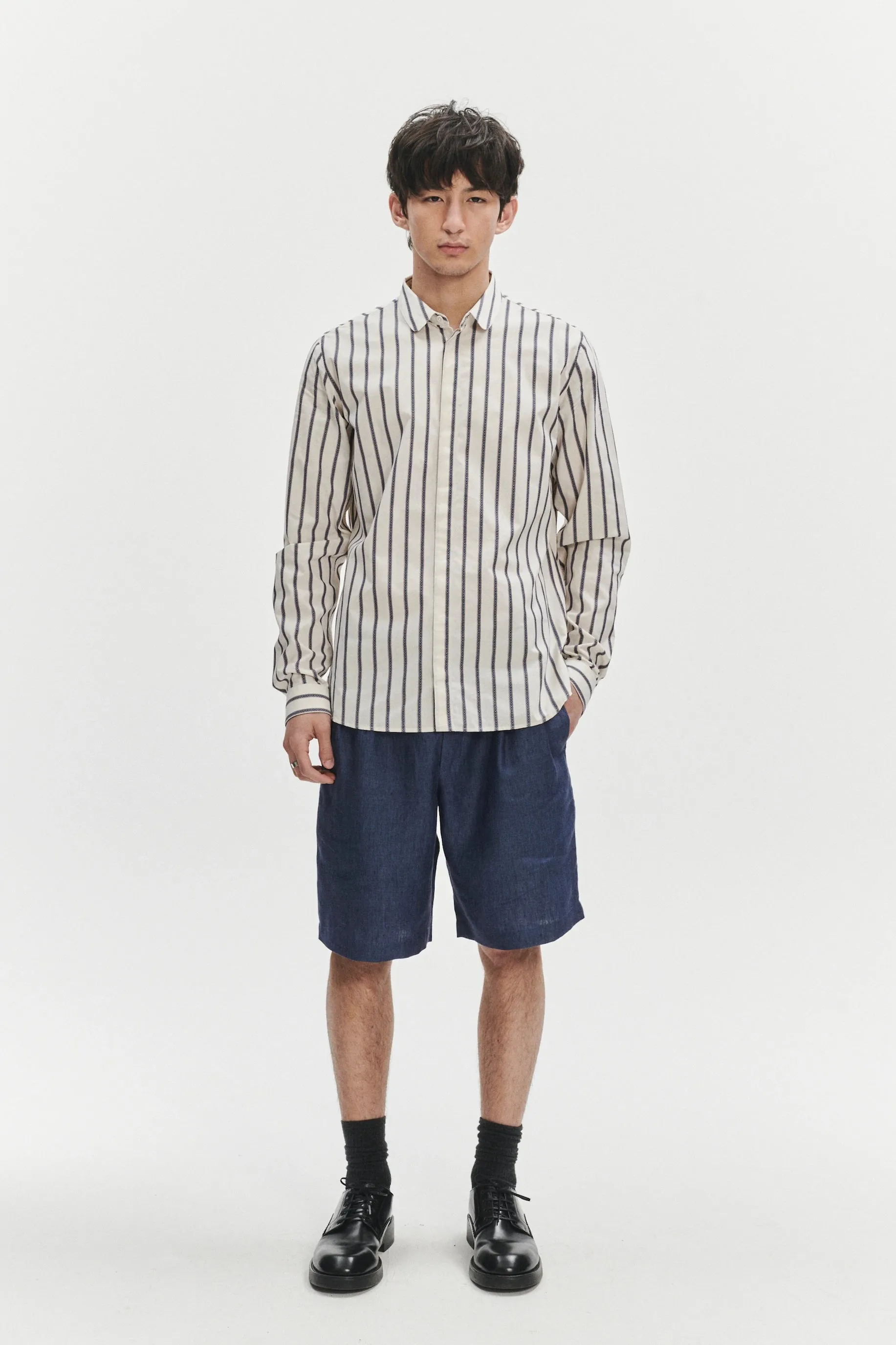 Cute Round Collar Shirt in an Ethno Inspired Blue with Red Striped White Italian Organic Cotton sold by Delikatessen