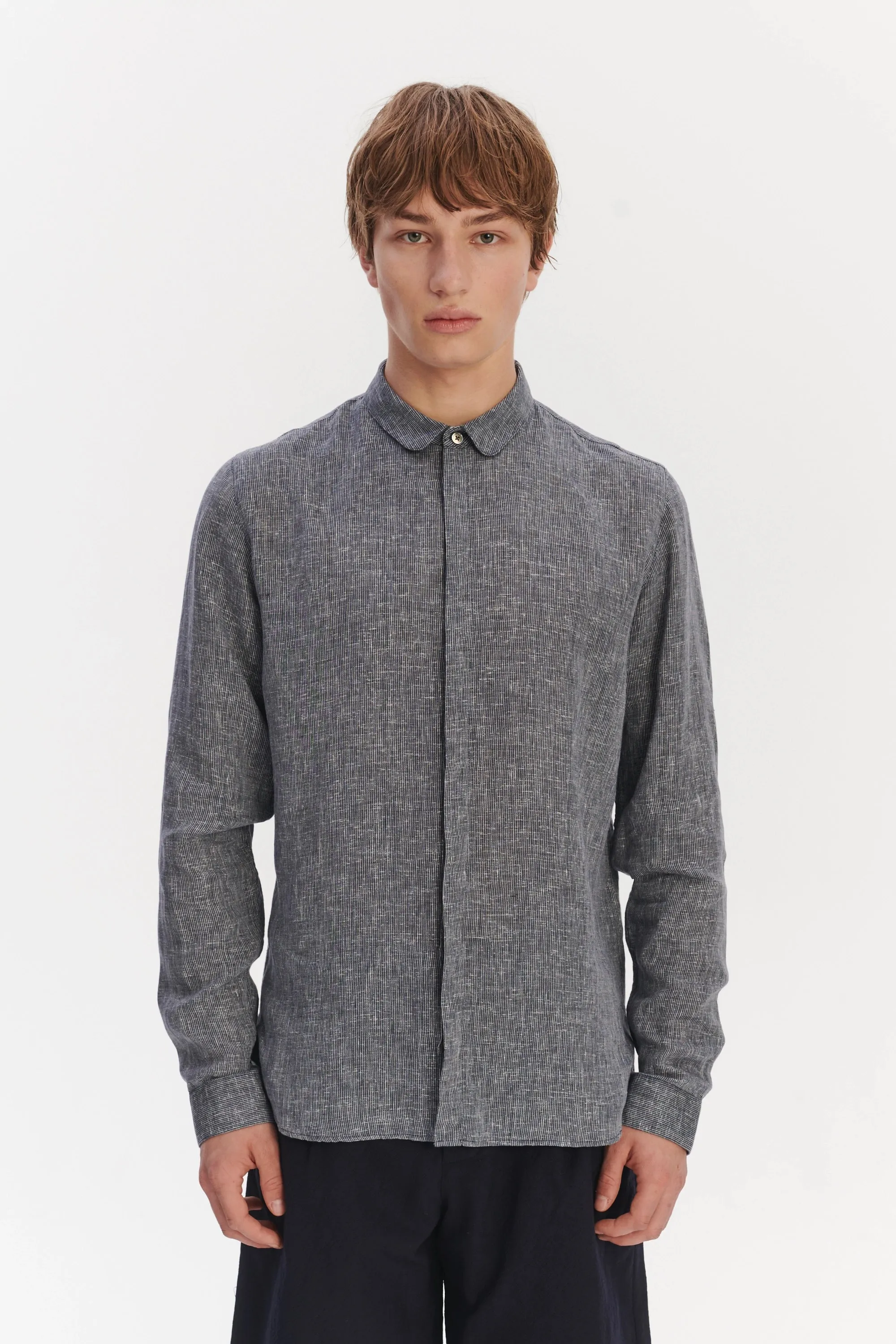 Cute Round Collar Shirt in a Soft and Airy Dark Blue and White Pin Stripe Italian Linen sold by Delikatessen product image thumbnail 4