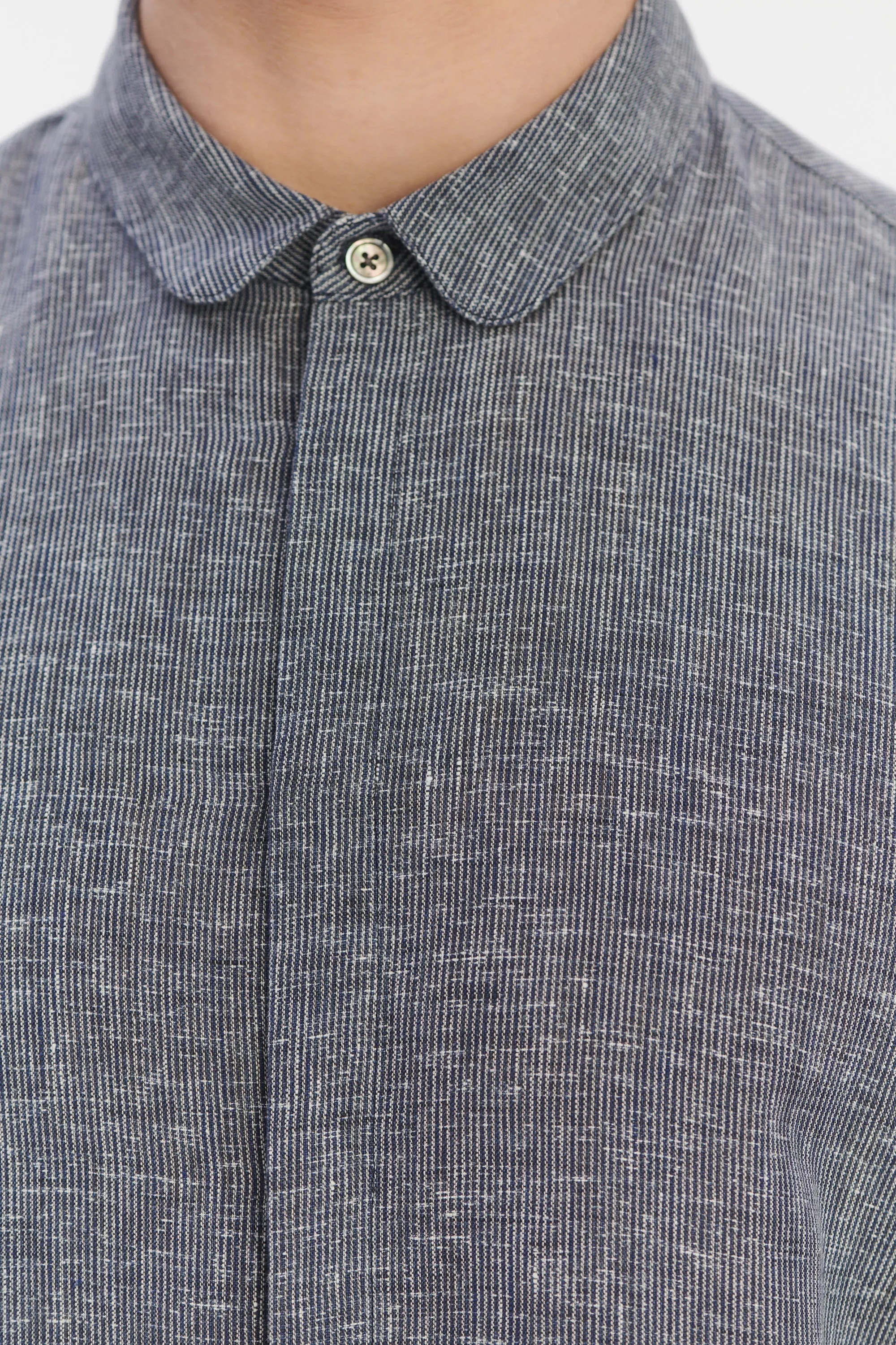 Cute Round Collar Shirt in a Soft and Airy Dark Blue and White Pin Stripe Italian Linen sold by Delikatessen product image thumbnail 2