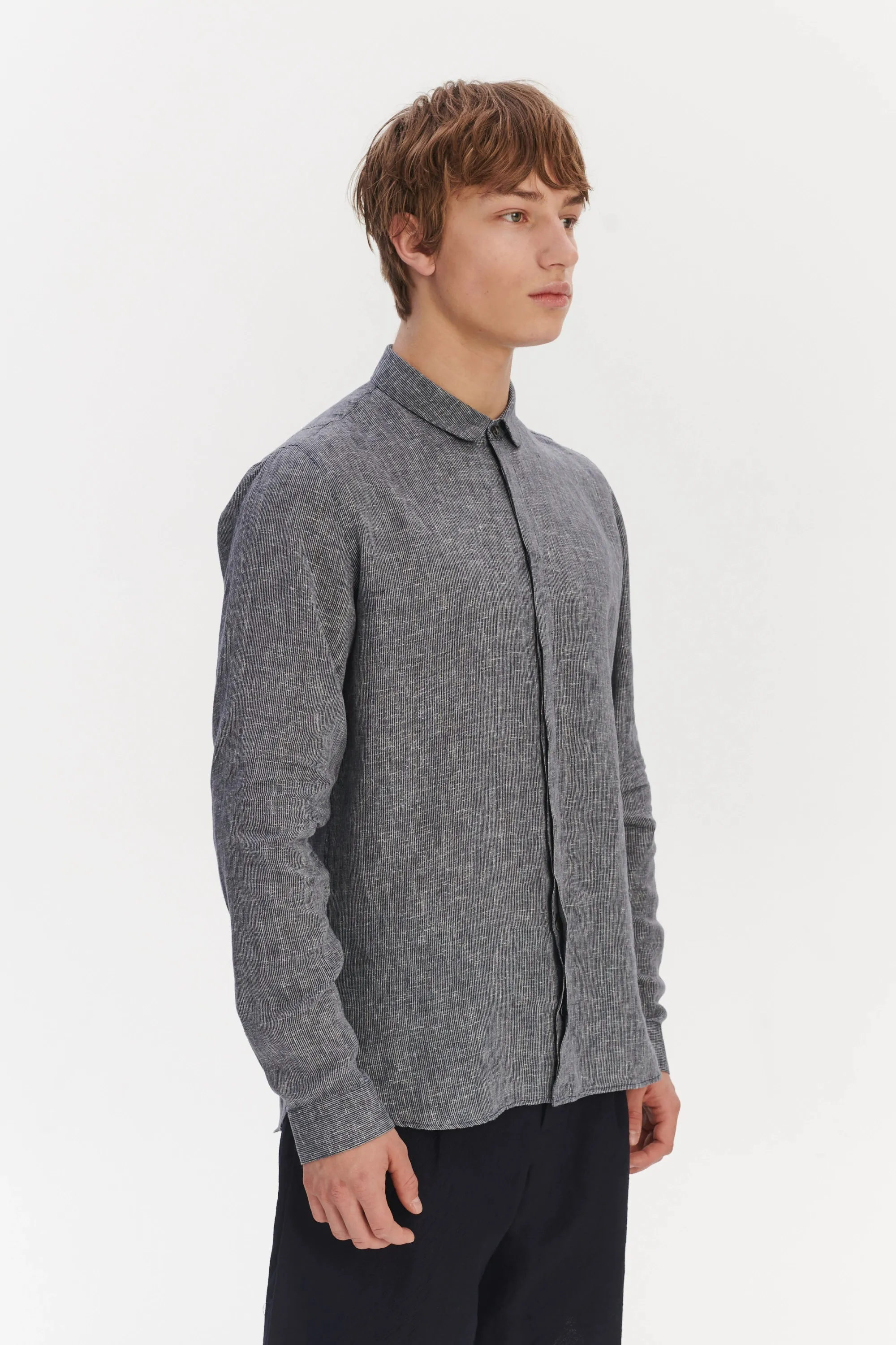 Cute Round Collar Shirt in a Soft and Airy Dark Blue and White Pin Stripe Italian Linen sold by Delikatessen product image thumbnail 5