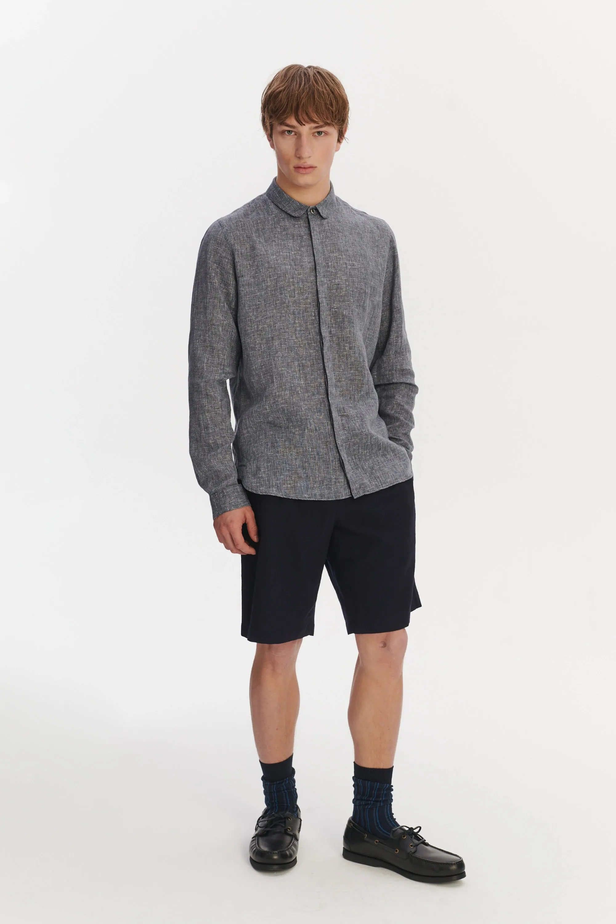 Cute Round Collar Shirt in a Soft and Airy Dark Blue and White Pin Stripe Italian Linen sold by Delikatessen