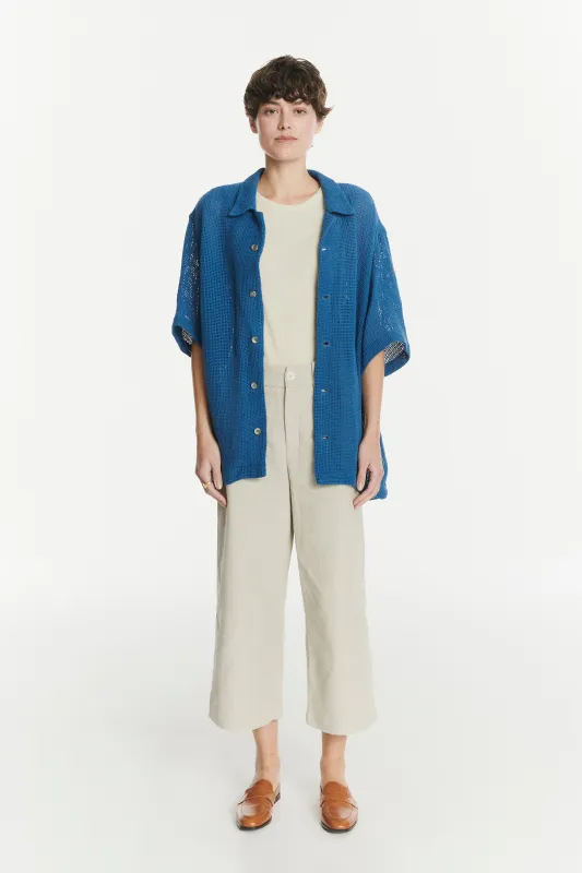 Short Sleeve Unisex Cuban Collar Shirt in a Soft Cornflower Blue Open Weave Portuguese Cotton sold by Delikatessen