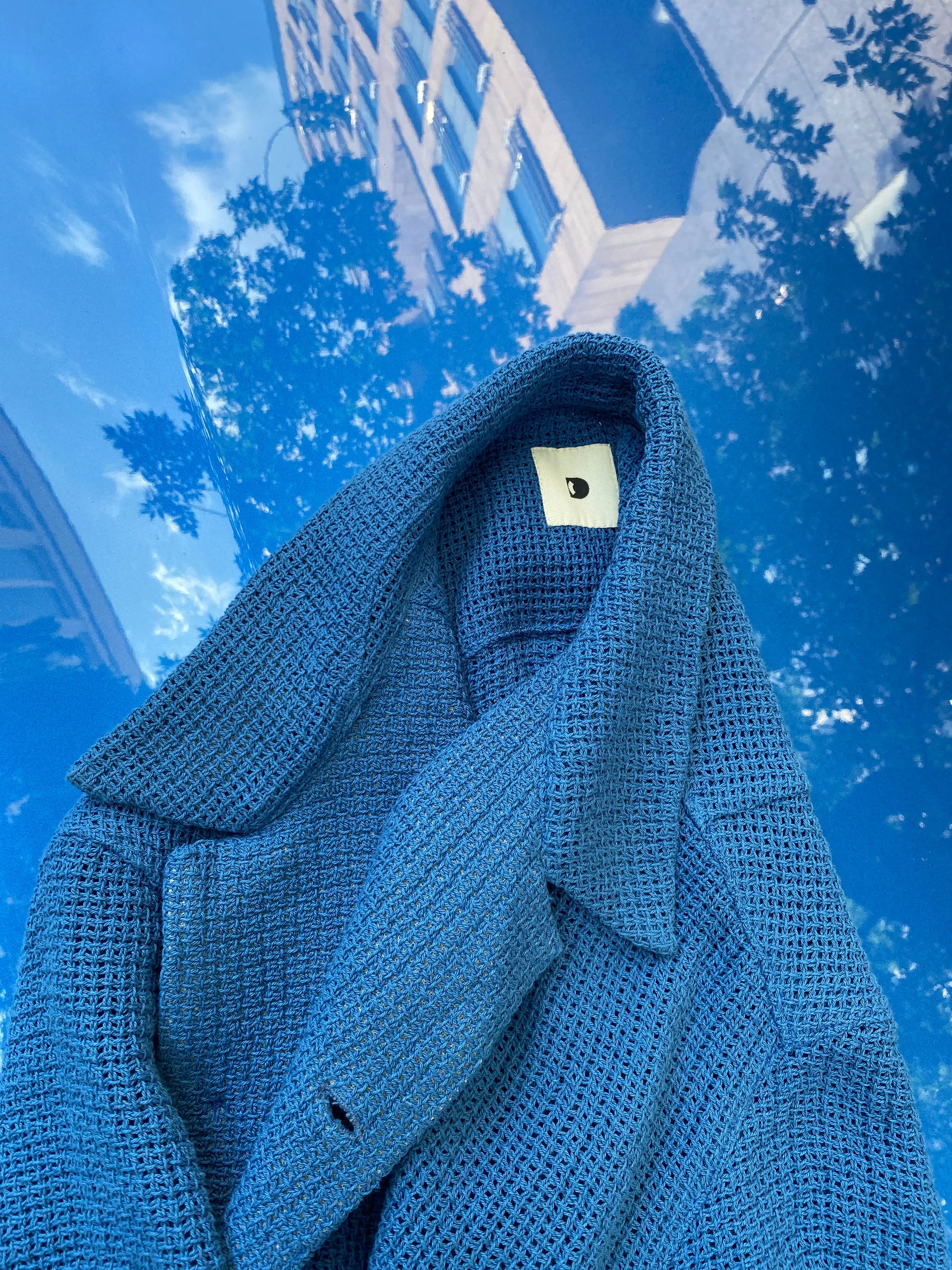 Short Sleeve Unisex Cuban Collar Shirt in a Soft Cornflower Blue Open Weave Portuguese Cotton sold by Delikatessen product image thumbnail 3