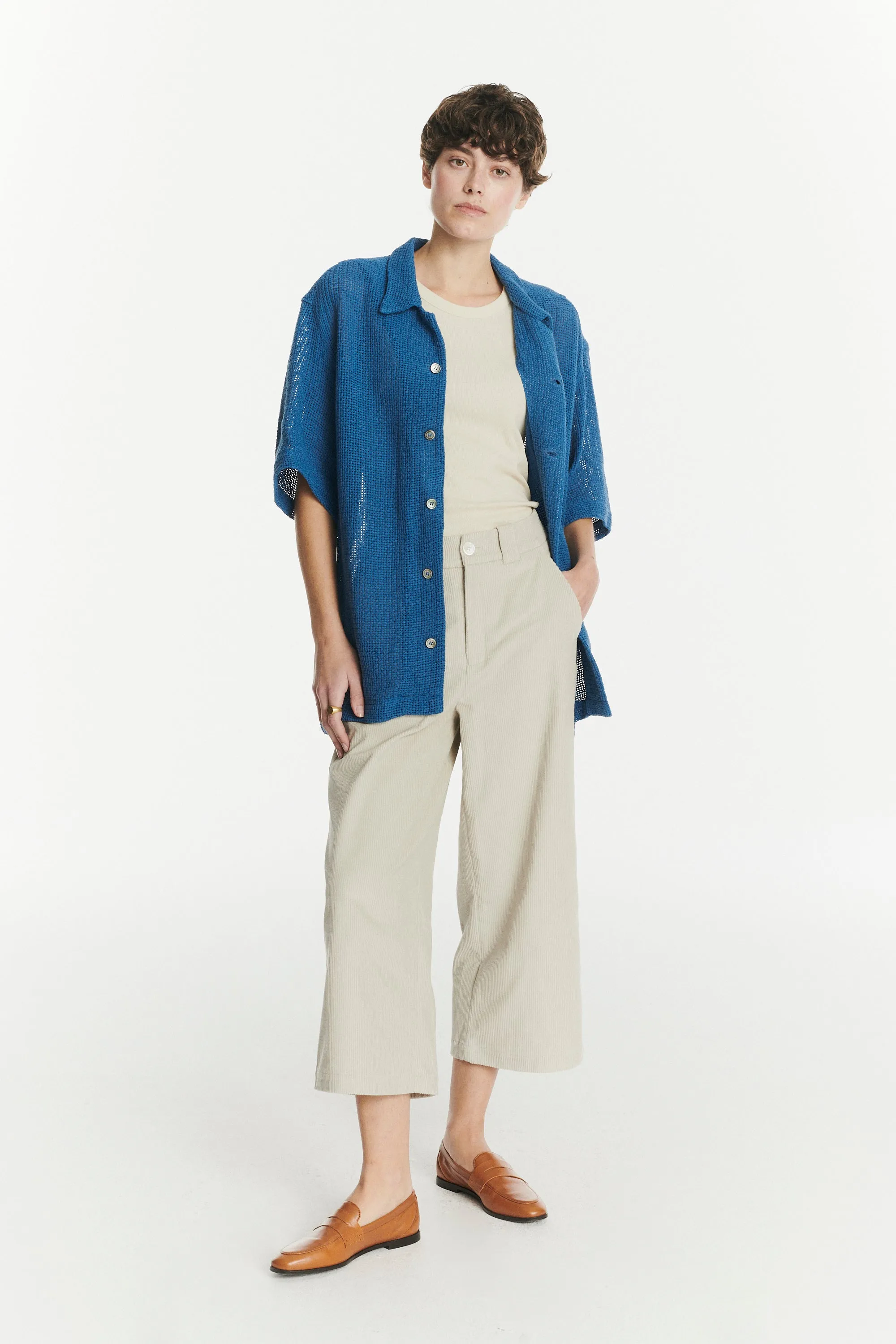 Short Sleeve Unisex Cuban Collar Shirt in a Soft Cornflower Blue Open Weave Portuguese Cotton sold by Delikatessen product image thumbnail 5