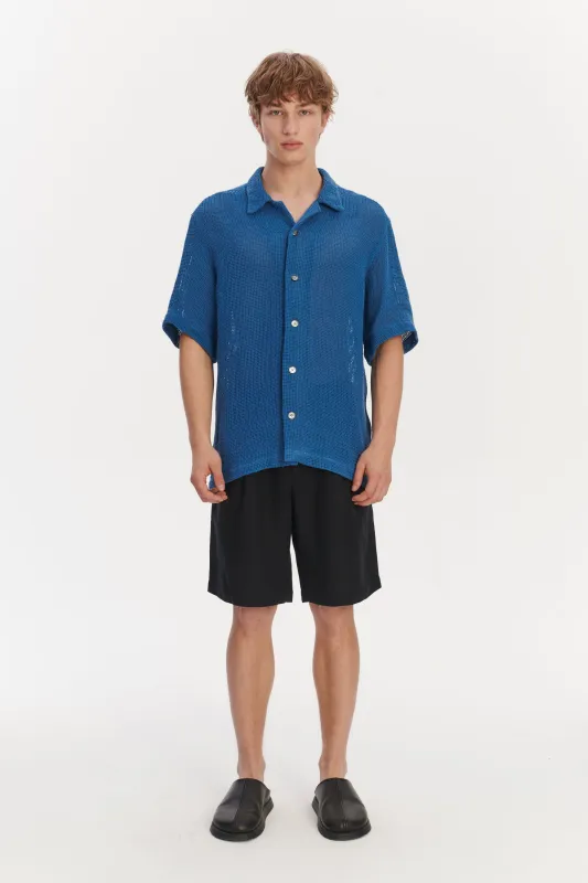 Short Sleeve Cuban Collar Shirt in a Soft Cornflower Blue Open Weave Portuguese Cotton sold by Delikatessen