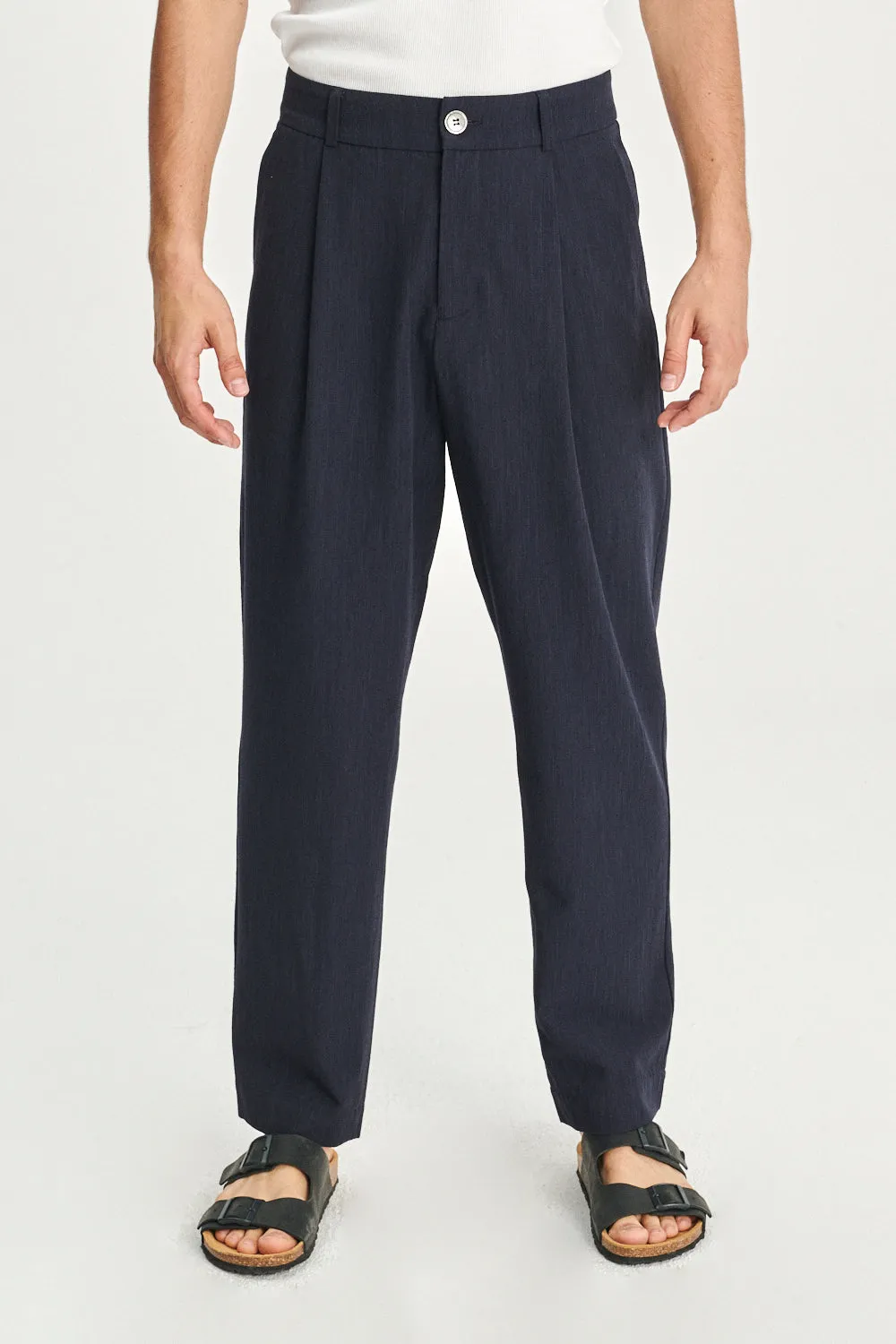 Genuine Trousers in a Navy Italian Virgin Wool and Viscose Crepe sold by Delikatessen
