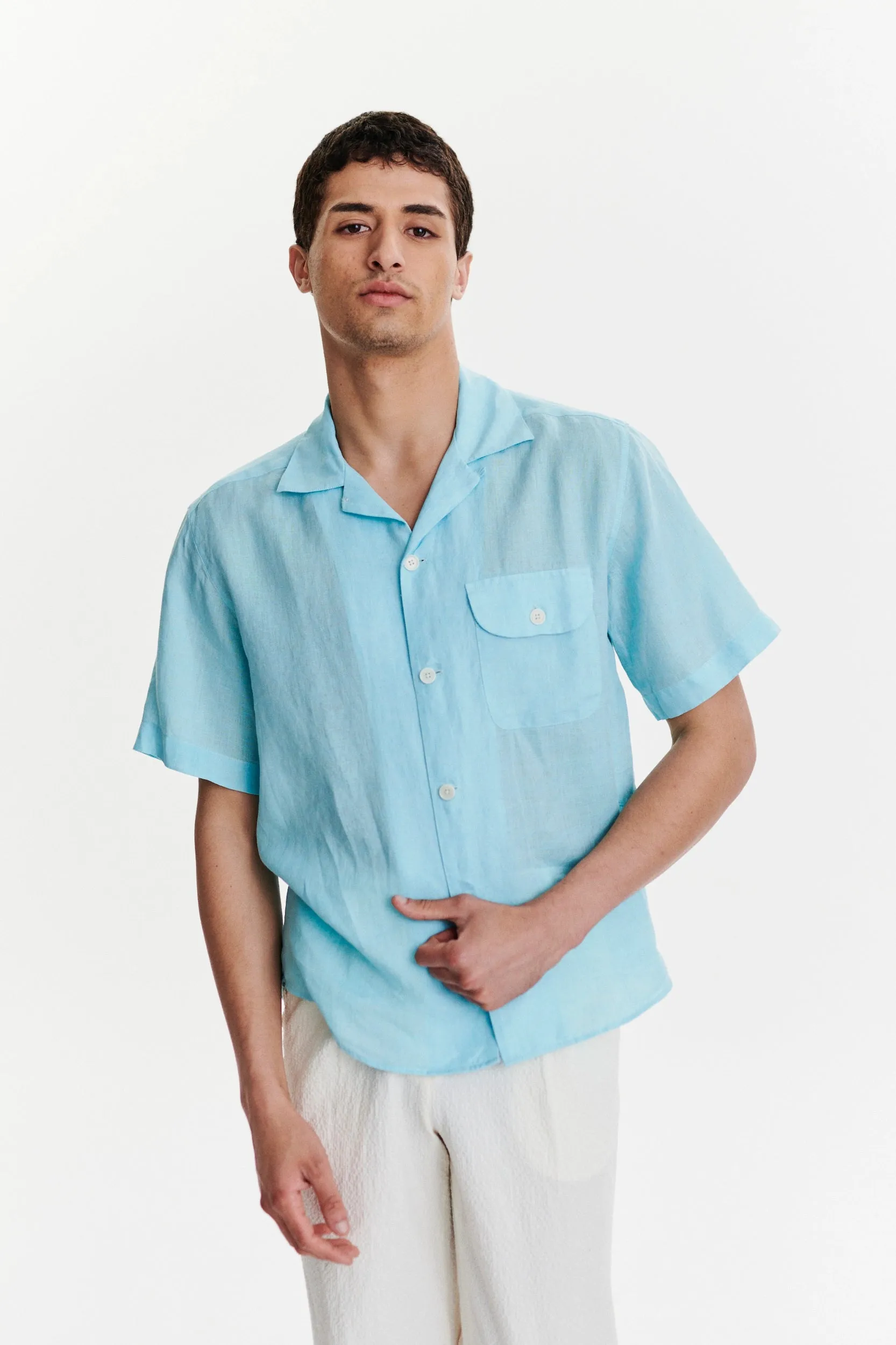 Short Sleeve Camp Collar Shirt in a Blue Turquoise Soft Italian Cotton Seersucker sold by Delikatessen product image thumbnail 4