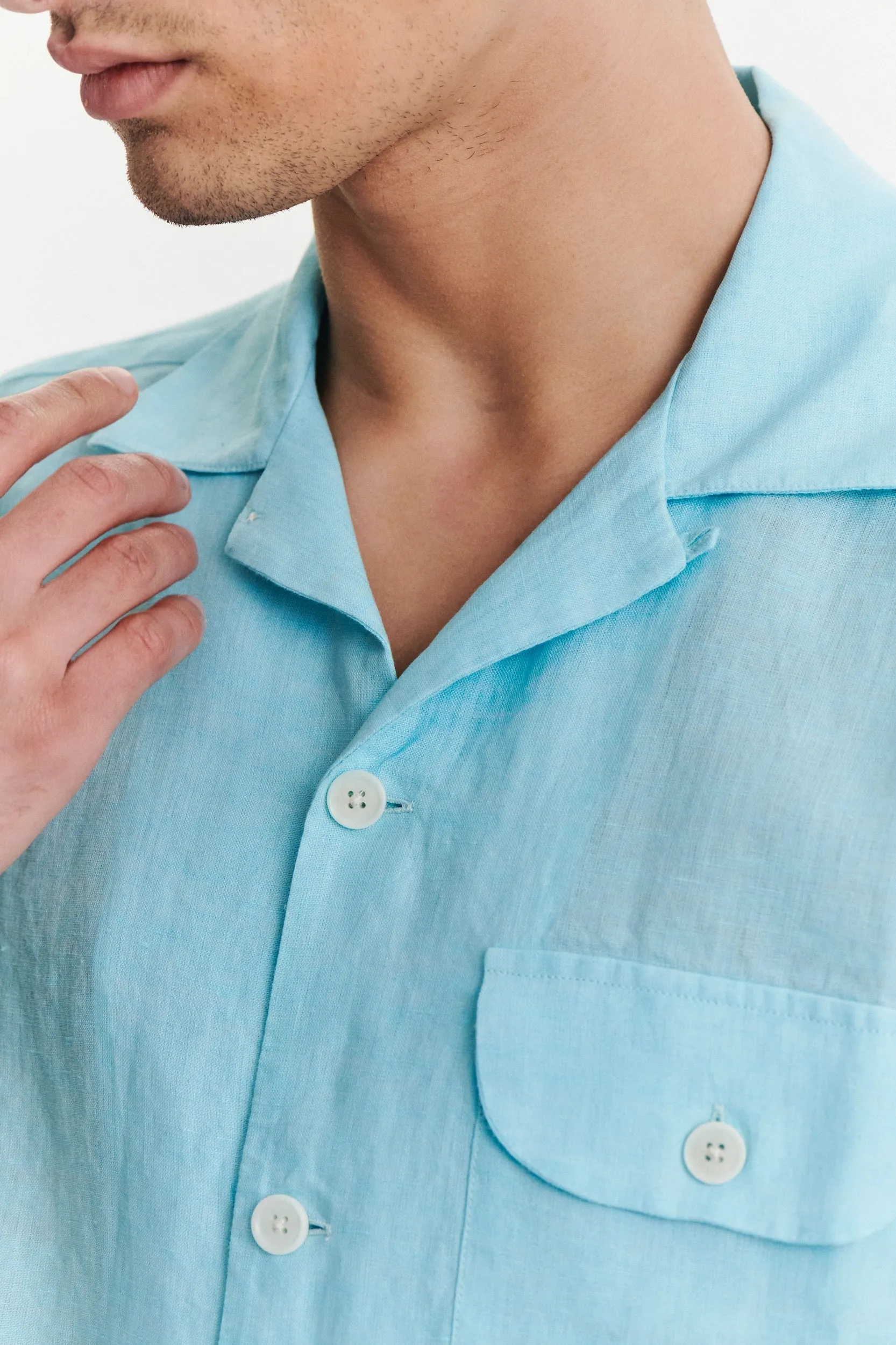 Short Sleeve Camp Collar Shirt in a Blue Turquoise Soft Italian Cotton Seersucker sold by Delikatessen product image thumbnail 2