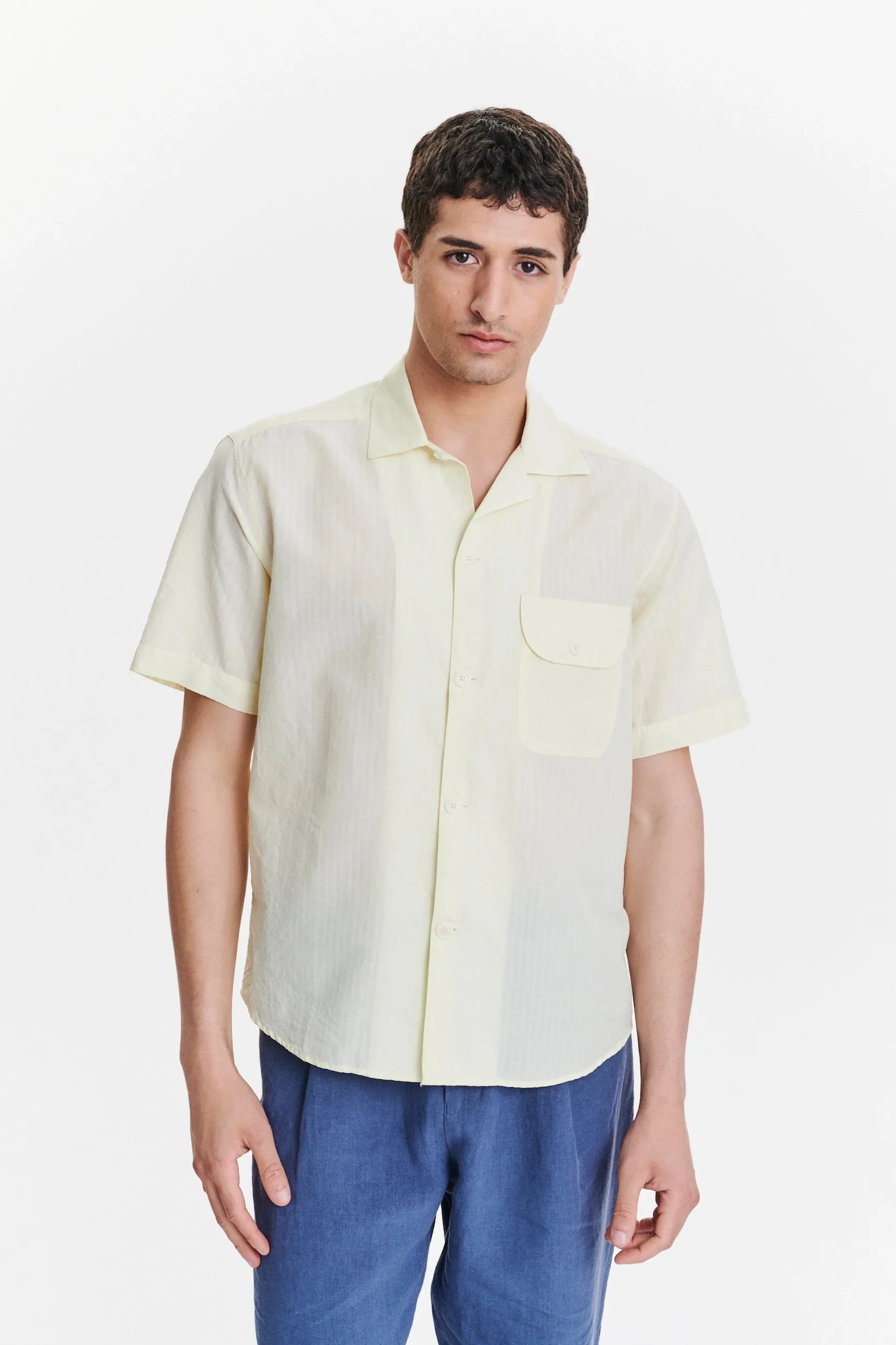 Short Sleeve Camp Collar Shirt in a Lemon Cream Soft Italian Cotton Seersucker sold by Delikatessen product image thumbnail 3