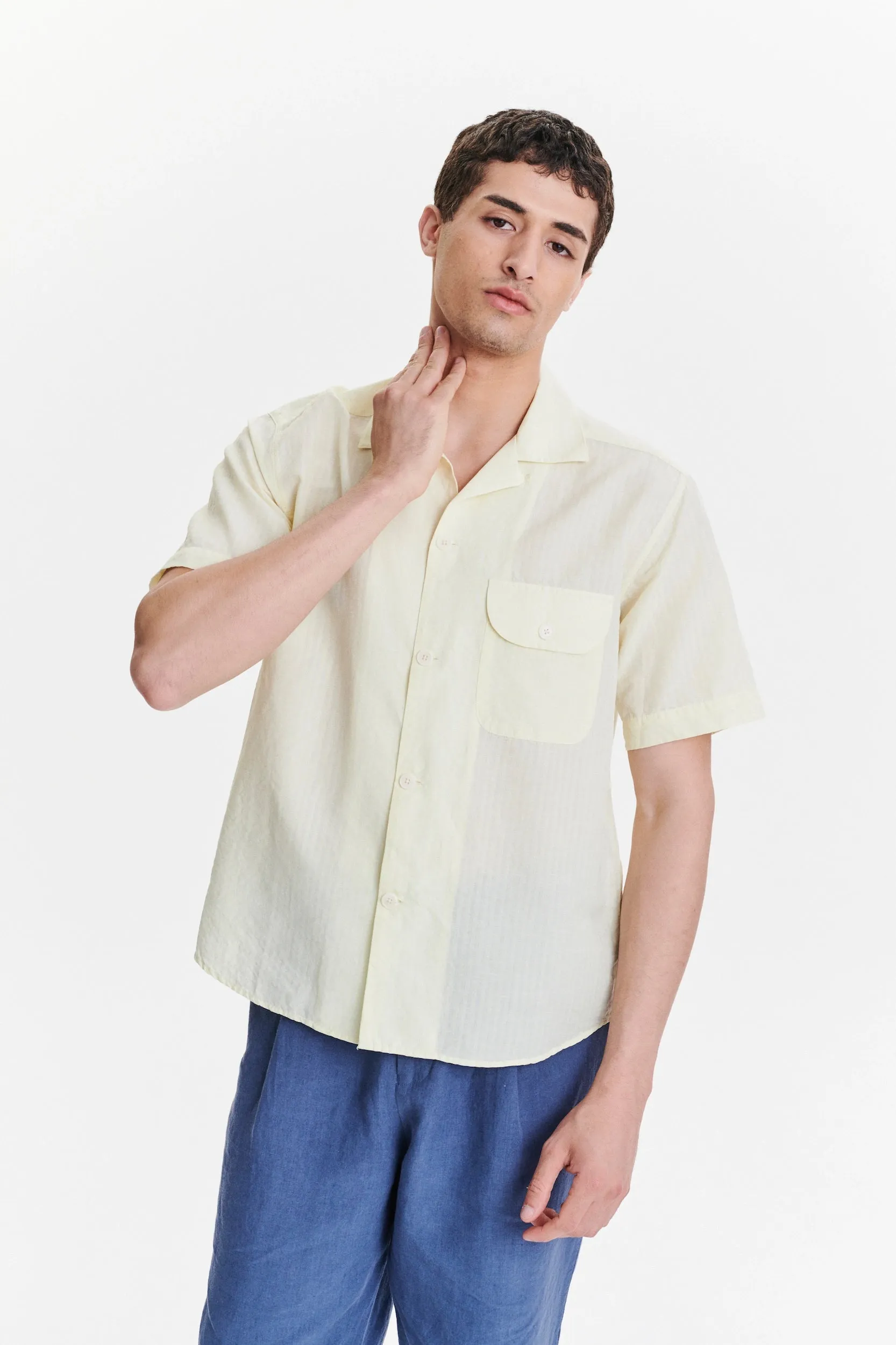 Short Sleeve Camp Collar Shirt in a Lemon Cream Soft Italian Cotton Seersucker sold by Delikatessen product image thumbnail 5