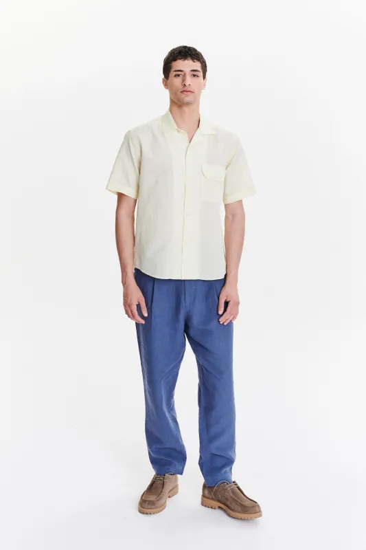 Short Sleeve Camp Collar Shirt in  a  Lemon Cream Soft Italian Cotton Seersucker sold by Delikatessen